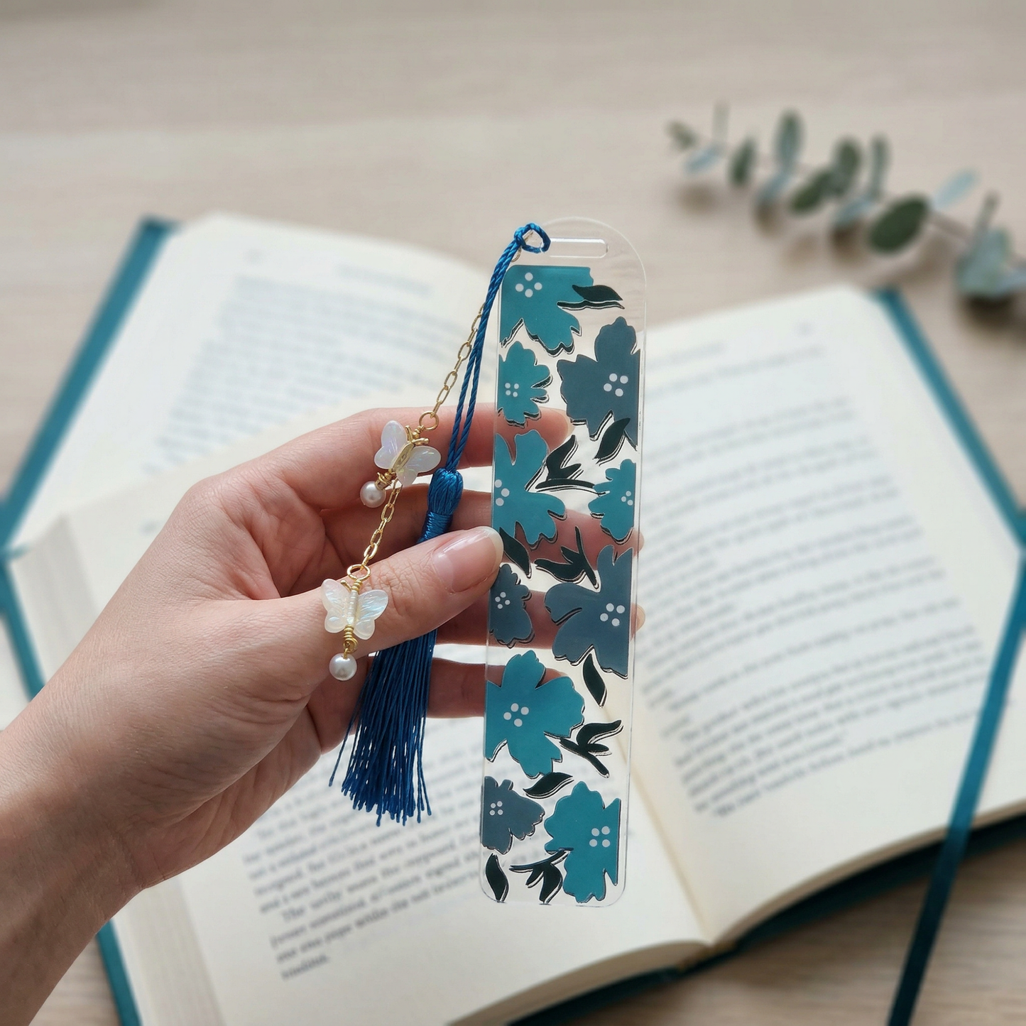 Blue Floral Acrylic Bookmark with Tassel