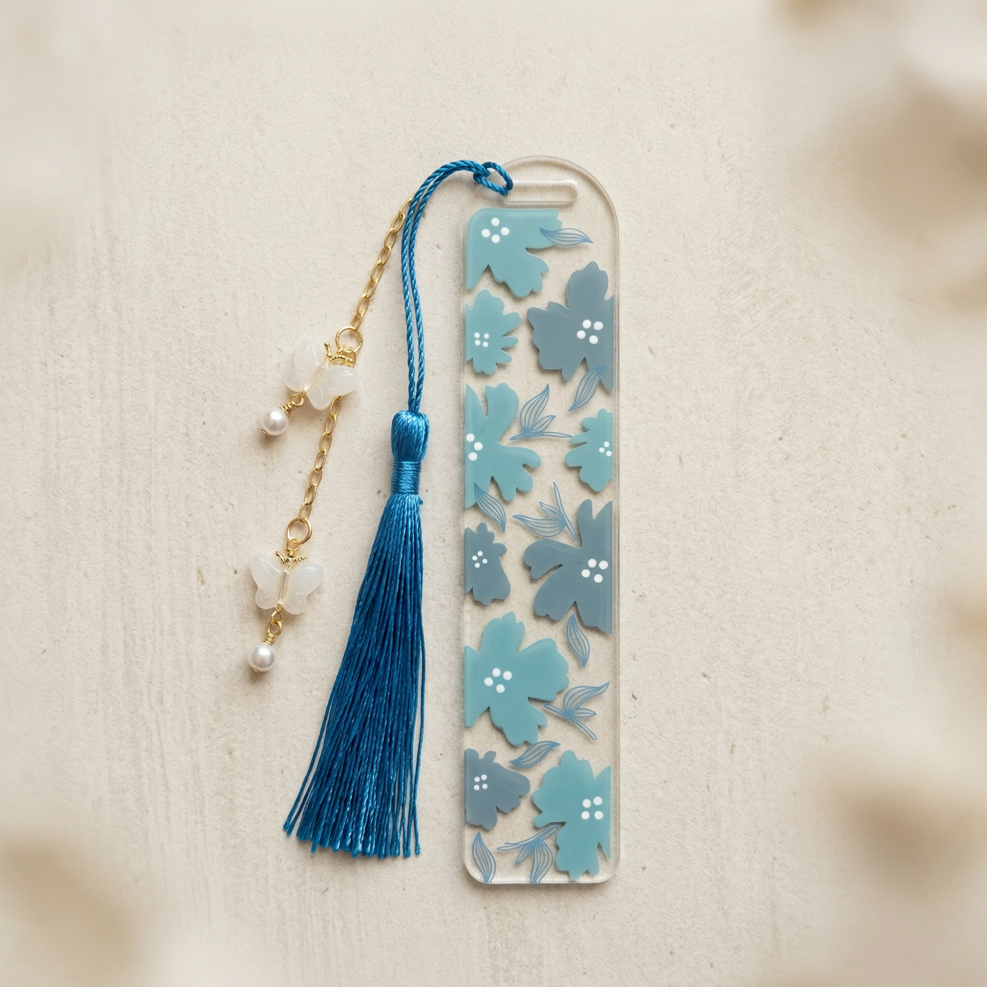 Blue Floral Acrylic Bookmark with Tassel