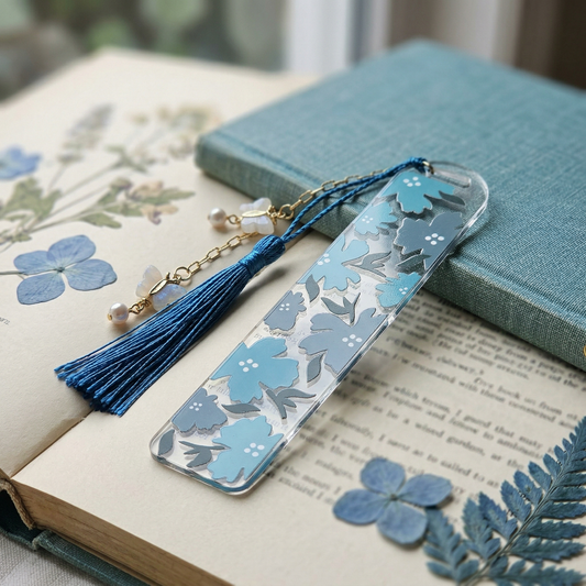 Blue Floral Acrylic Bookmark with Tassel