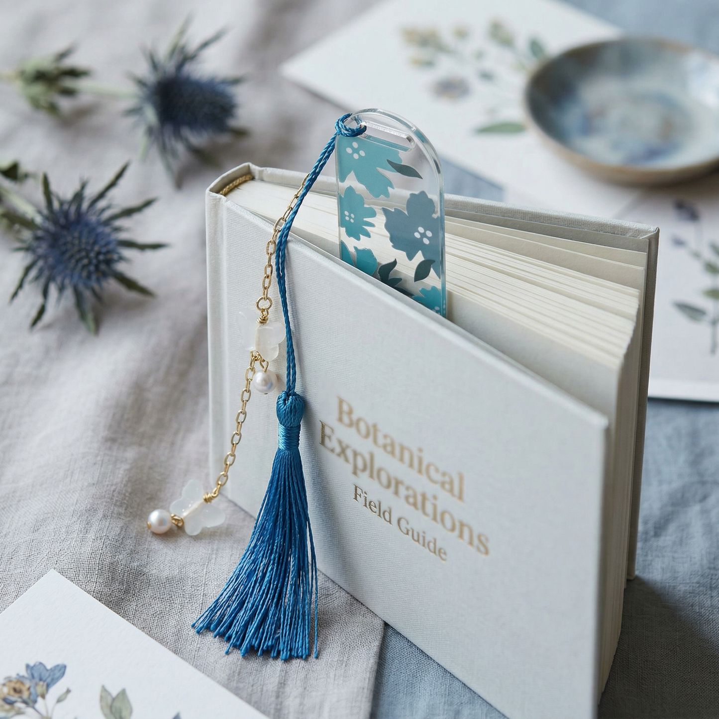Blue Floral Acrylic Bookmark with Tassel
