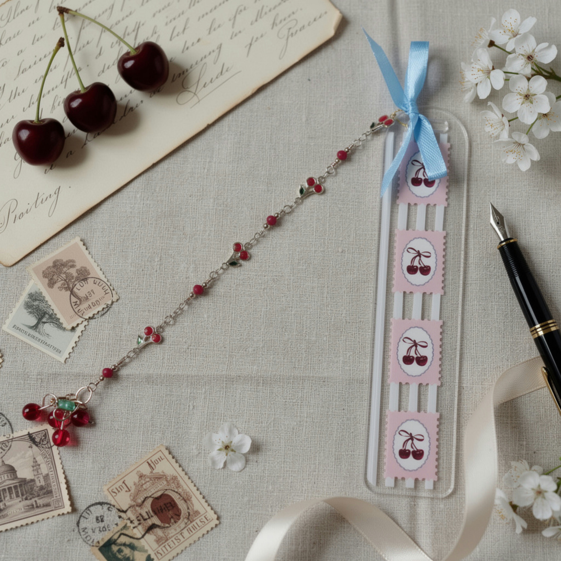 Cherries Bookmark. Cherry Bookmark. Cherry Lover Bookmark Gift. Cherry Lover Gift. Bookmark with Cherries and Charms