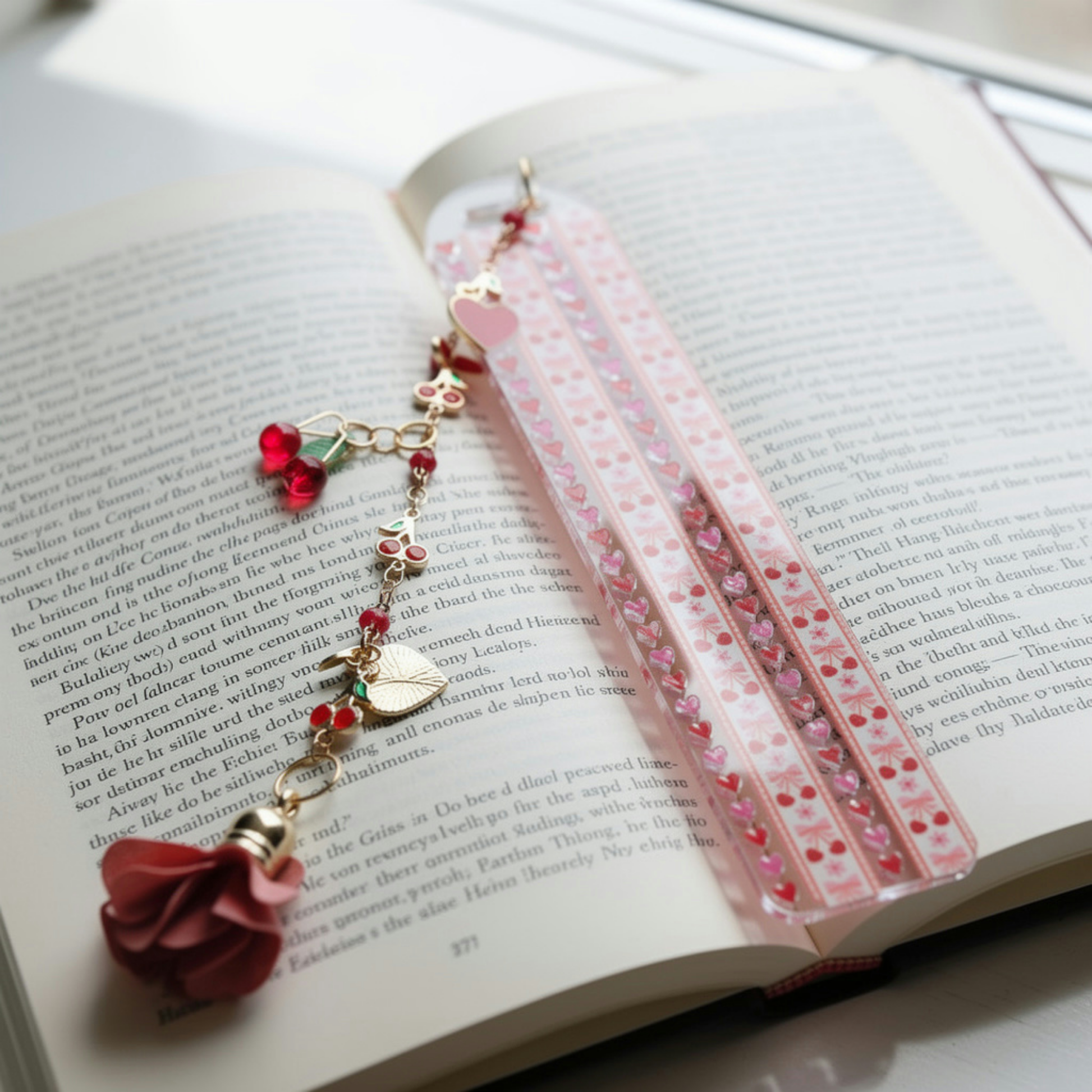 Cherries and Hearts Bookmark. Cherry Bookmark. Hearts Bookmark. Cherry Hearts Bookmark. Red Cherries Bookmarks. Red Cherry Bookmark