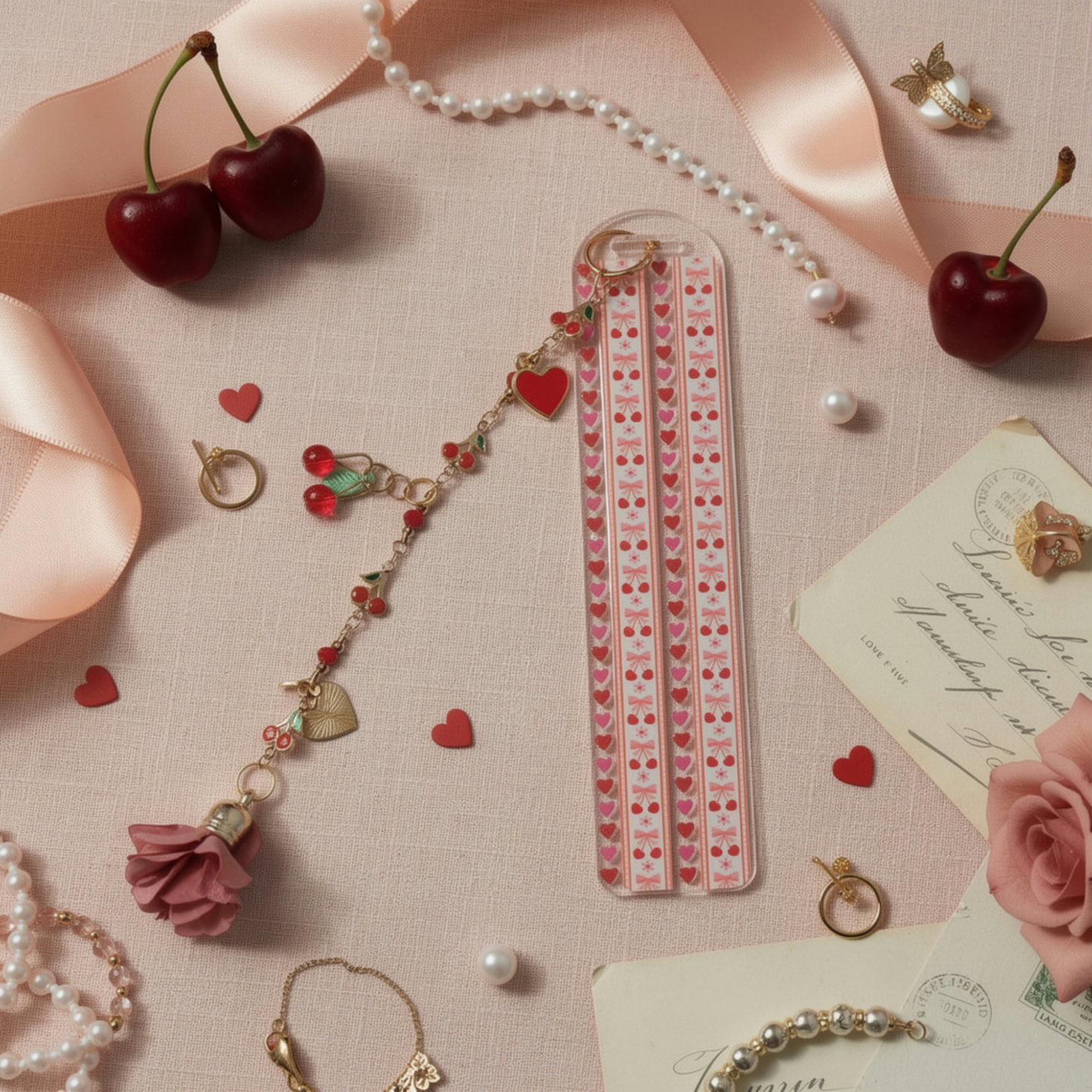 Cherries and Hearts Bookmark. Cherry Bookmark. Hearts Bookmark. Cherry Hearts Bookmark. Red Cherries Bookmarks. Red Cherry Bookmark