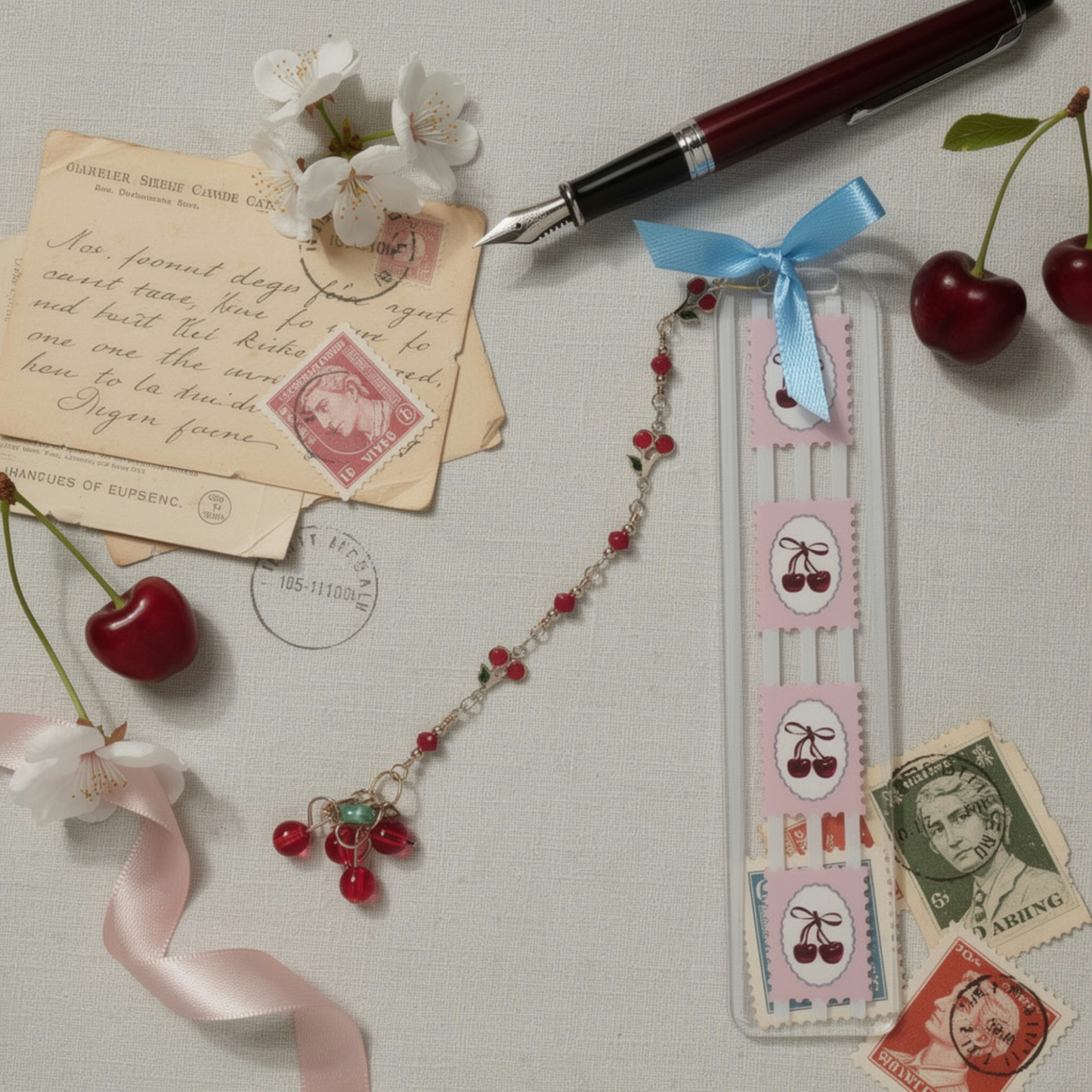 Cherries Bookmark. Cherry Bookmark. Cherry Lover Bookmark Gift. Cherry Lover Gift. Bookmark with Cherries and Charms