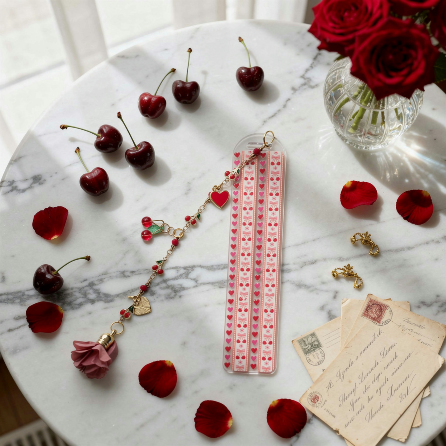 Cherries and Hearts Bookmark. Cherry Bookmark. Hearts Bookmark. Cherry Hearts Bookmark. Red Cherries Bookmarks. Red Cherry Bookmark