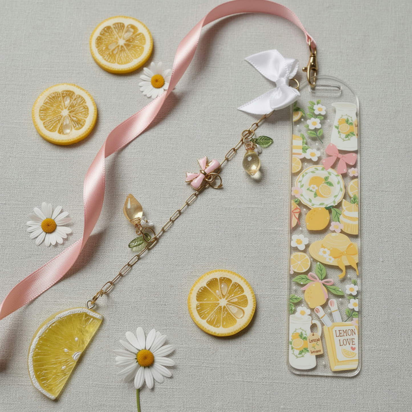 Lemon Bookmark with Charm. Lemon Lover Bookmark Gift. Lemon Tea Acrylic Bookmark with Charm. Lemon Acrylic Bookmark with Charms