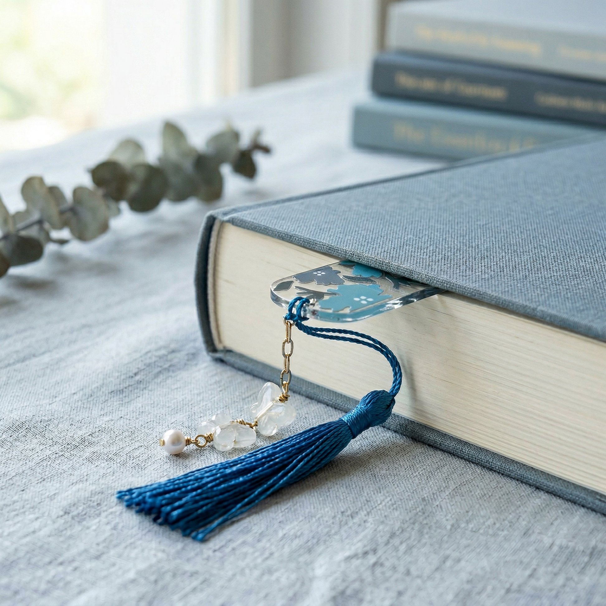Blue Floral Acrylic Bookmark with Tassel