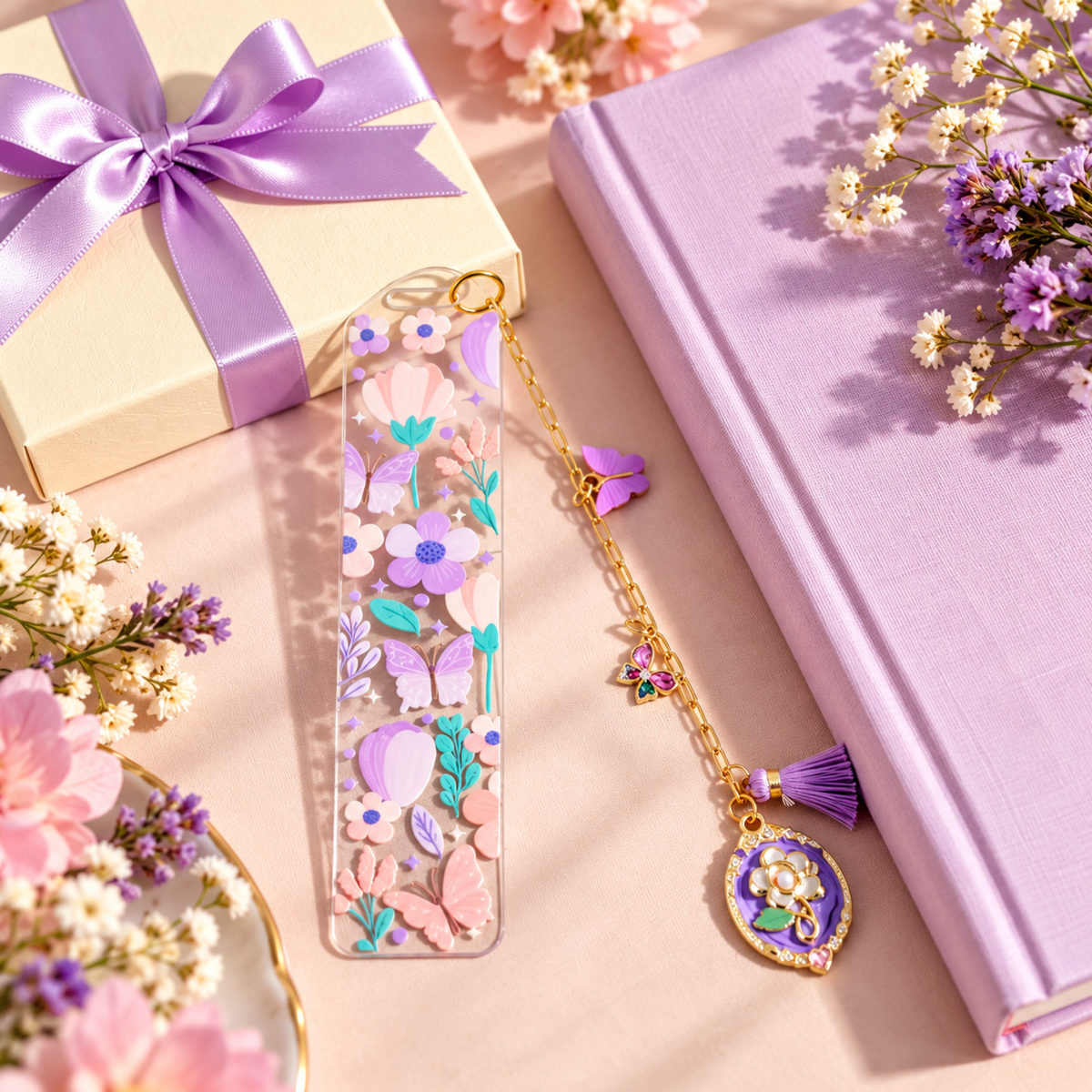 Floral Butterfly Bookmark with Charms . Purple Flower Acrylic Bookmark . Butterfly Lover Book Lover Gift