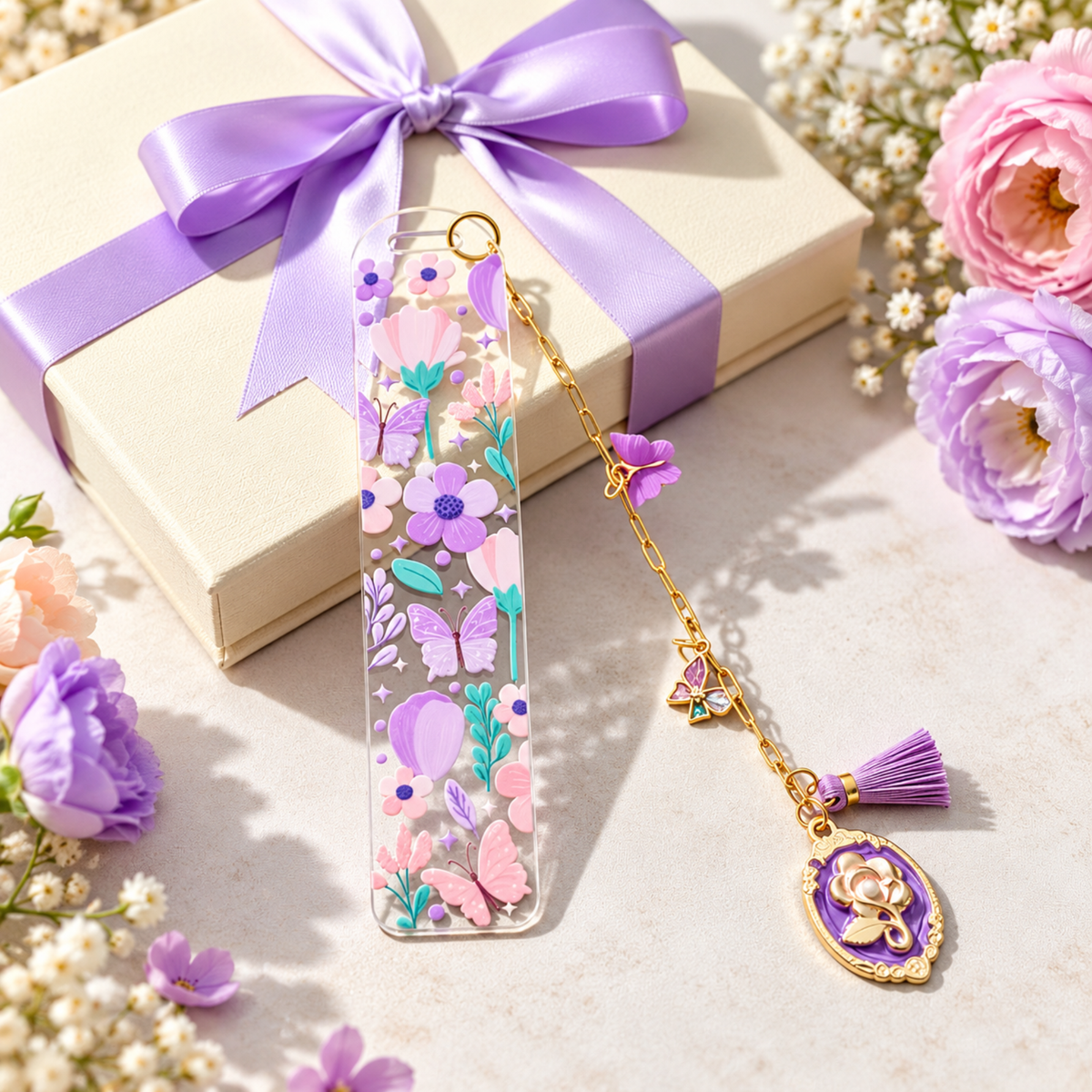 Floral Butterfly Bookmark with Charms . Purple Flower Acrylic Bookmark . Butterfly Lover Book Lover Gift