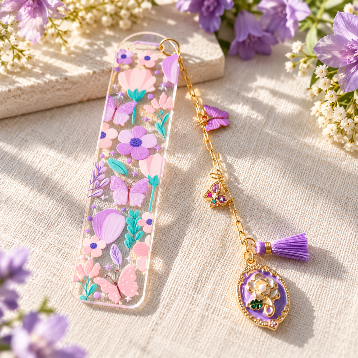 Floral Butterfly Bookmark with Charms . Purple Flower Acrylic Bookmark . Butterfly Lover Book Lover Gift