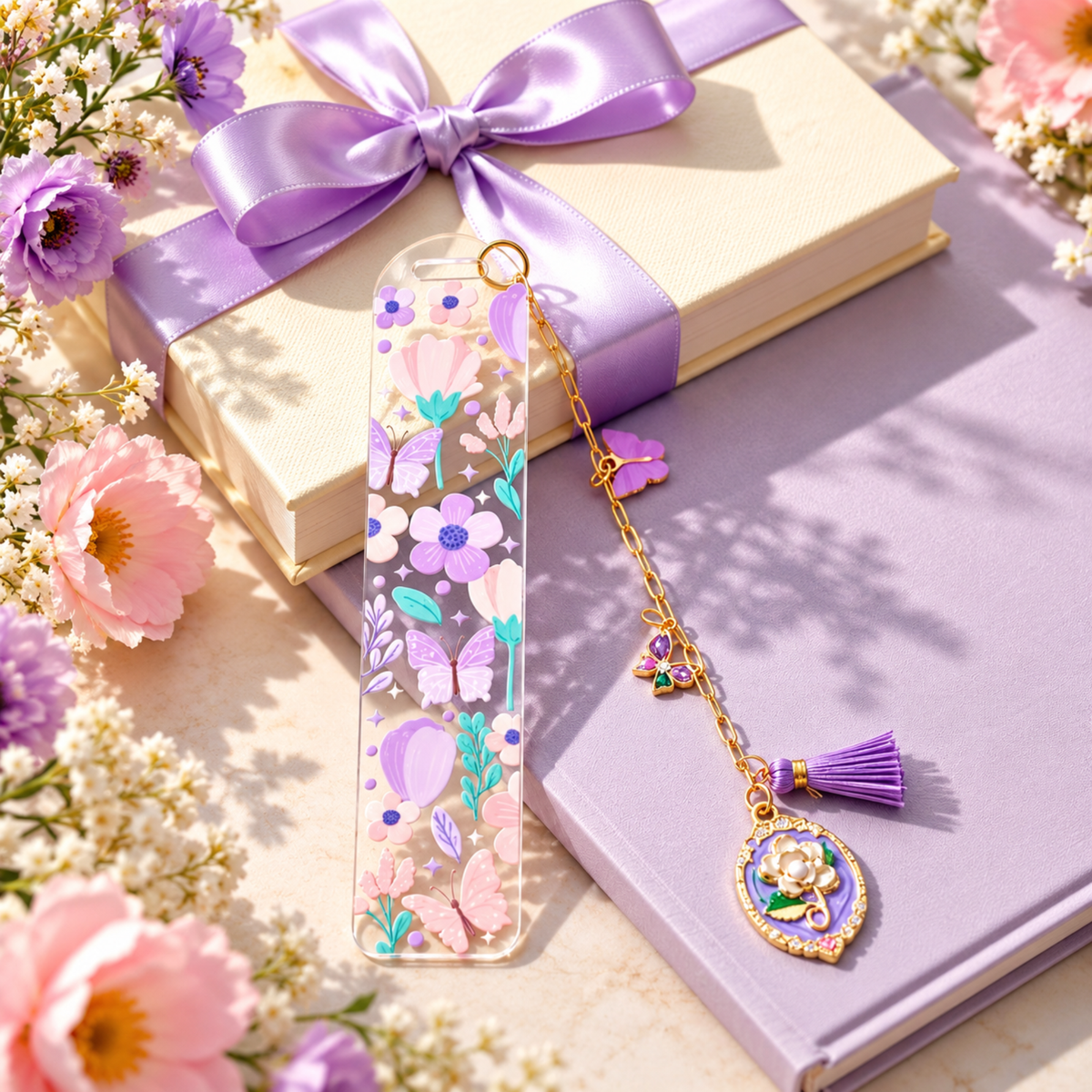 Floral Butterfly Bookmark with Charms . Purple Flower Acrylic Bookmark . Butterfly Lover Book Lover Gift