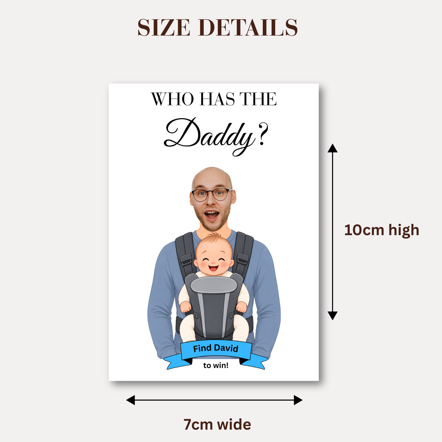 A size detail graphic for a custom baby shower sign. The sign features a cartoon illustration of a bald man wearing glasses and a blue shirt, holding a baby in a grey and black carrier.