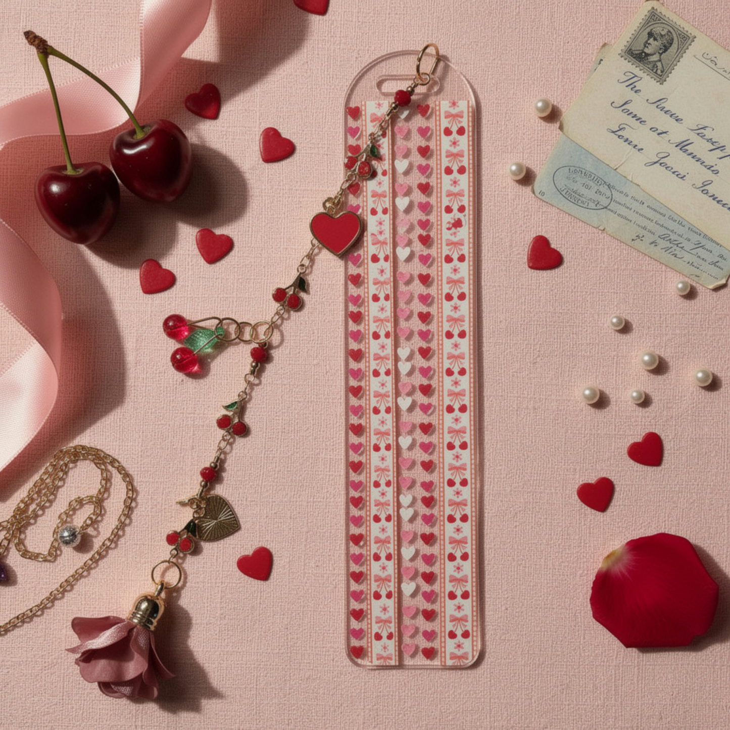 Cherries and Hearts Bookmark. Cherry Bookmark. Hearts Bookmark. Cherry Hearts Bookmark. Red Cherries Bookmarks. Red Cherry Bookmark