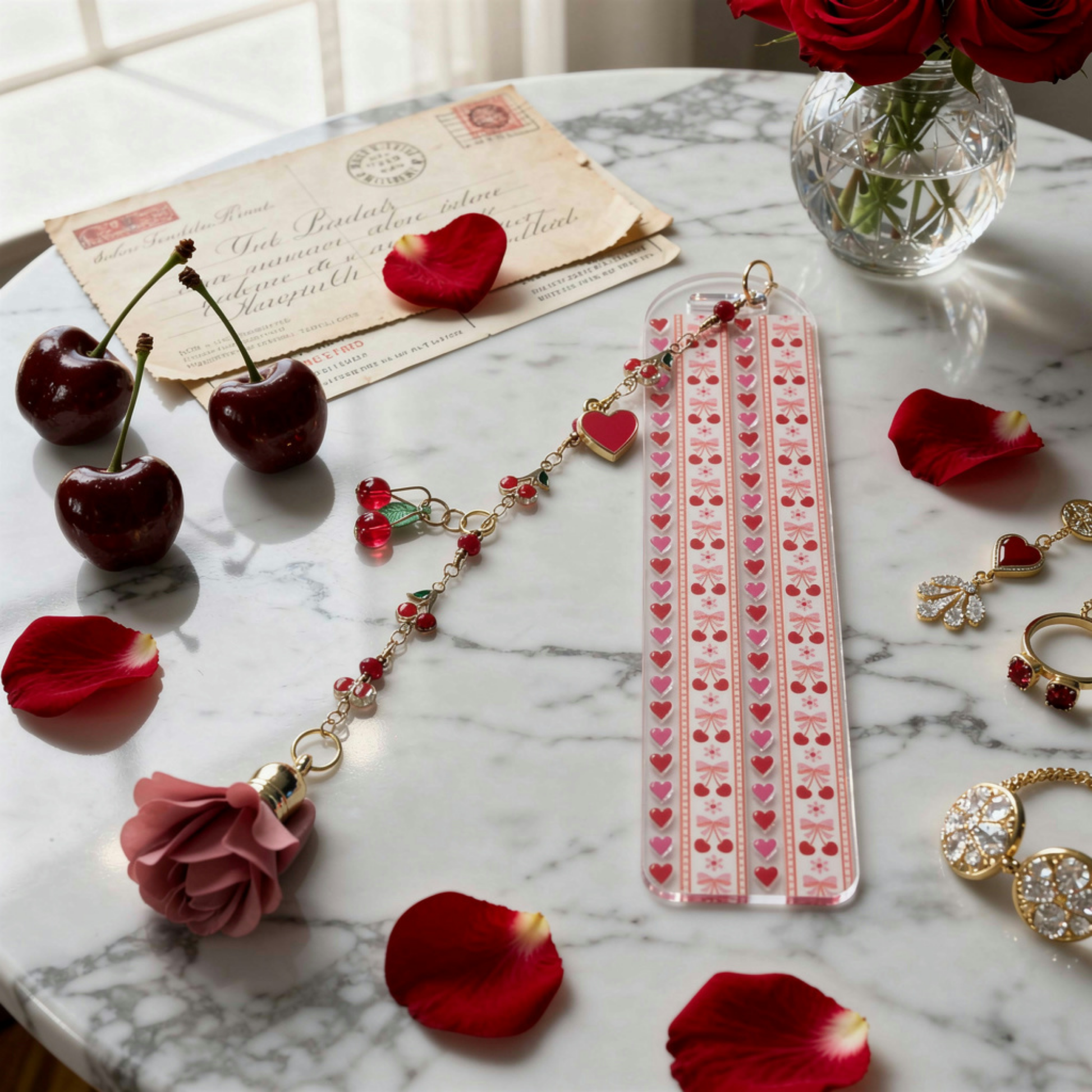 Cherries and Hearts Bookmark. Cherry Bookmark. Hearts Bookmark. Cherry Hearts Bookmark. Red Cherries Bookmarks. Red Cherry Bookmark