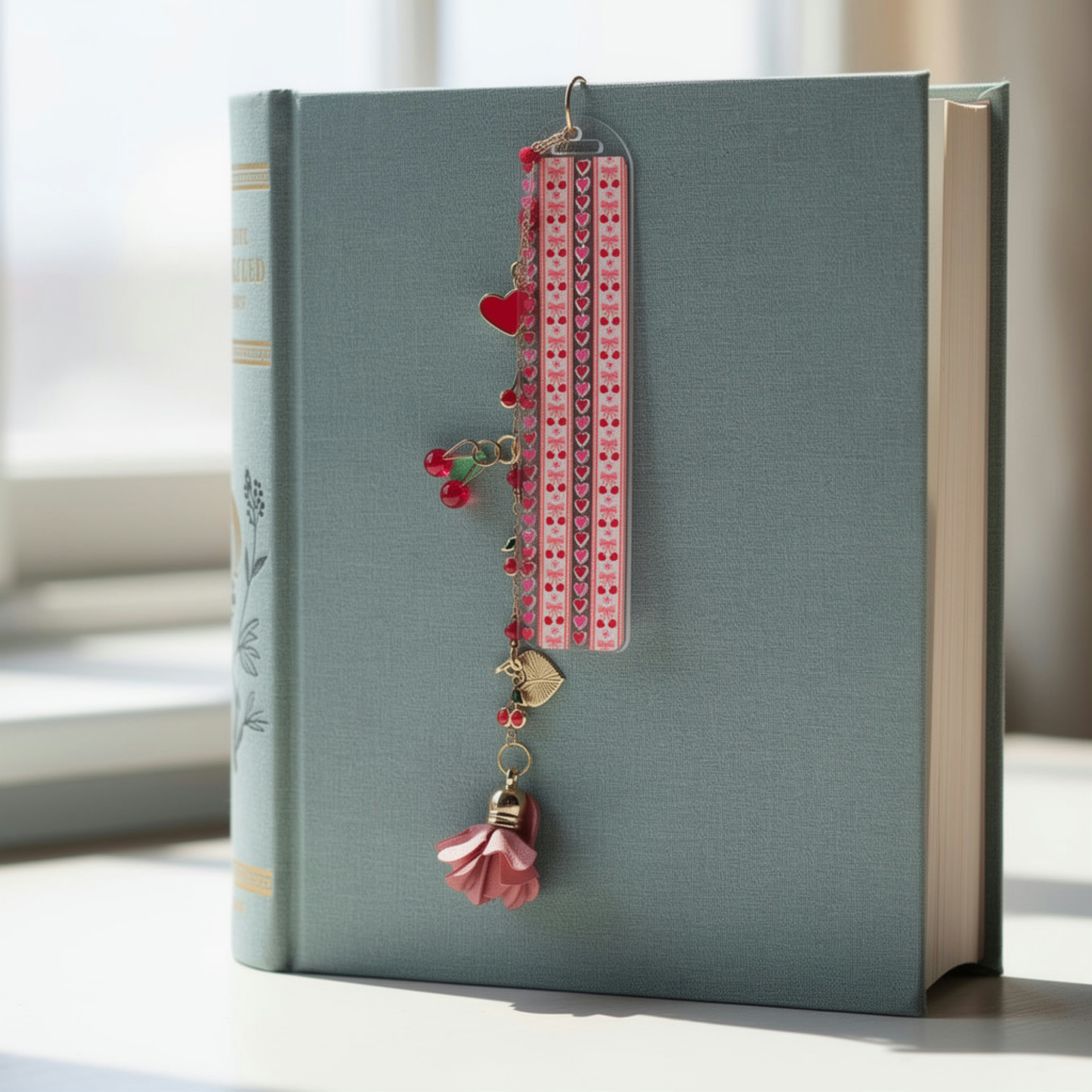 Cherries and Hearts Bookmark. Cherry Bookmark. Hearts Bookmark. Cherry Hearts Bookmark. Red Cherries Bookmarks. Red Cherry Bookmark