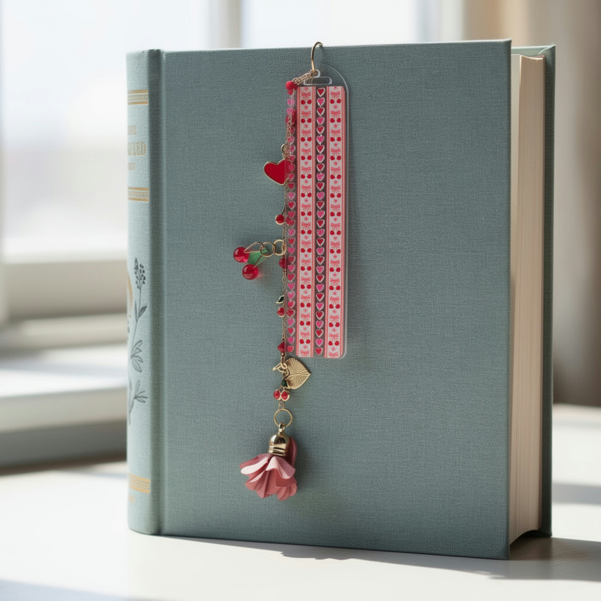 Cherries and Hearts Bookmark. Cherry Bookmark. Hearts Bookmark. Cherry Hearts Bookmark. Red Cherries Bookmarks. Red Cherry Bookmark