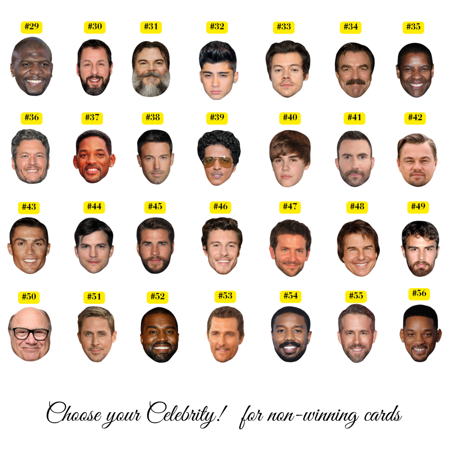 A grid of celebrity face cards labeled #29 through #56 on a white background, with the text 'Choose your Celebrity! for non-winning cards' at the bottom. Each card shows a different celebrity portrait with a yellow number label above it.
