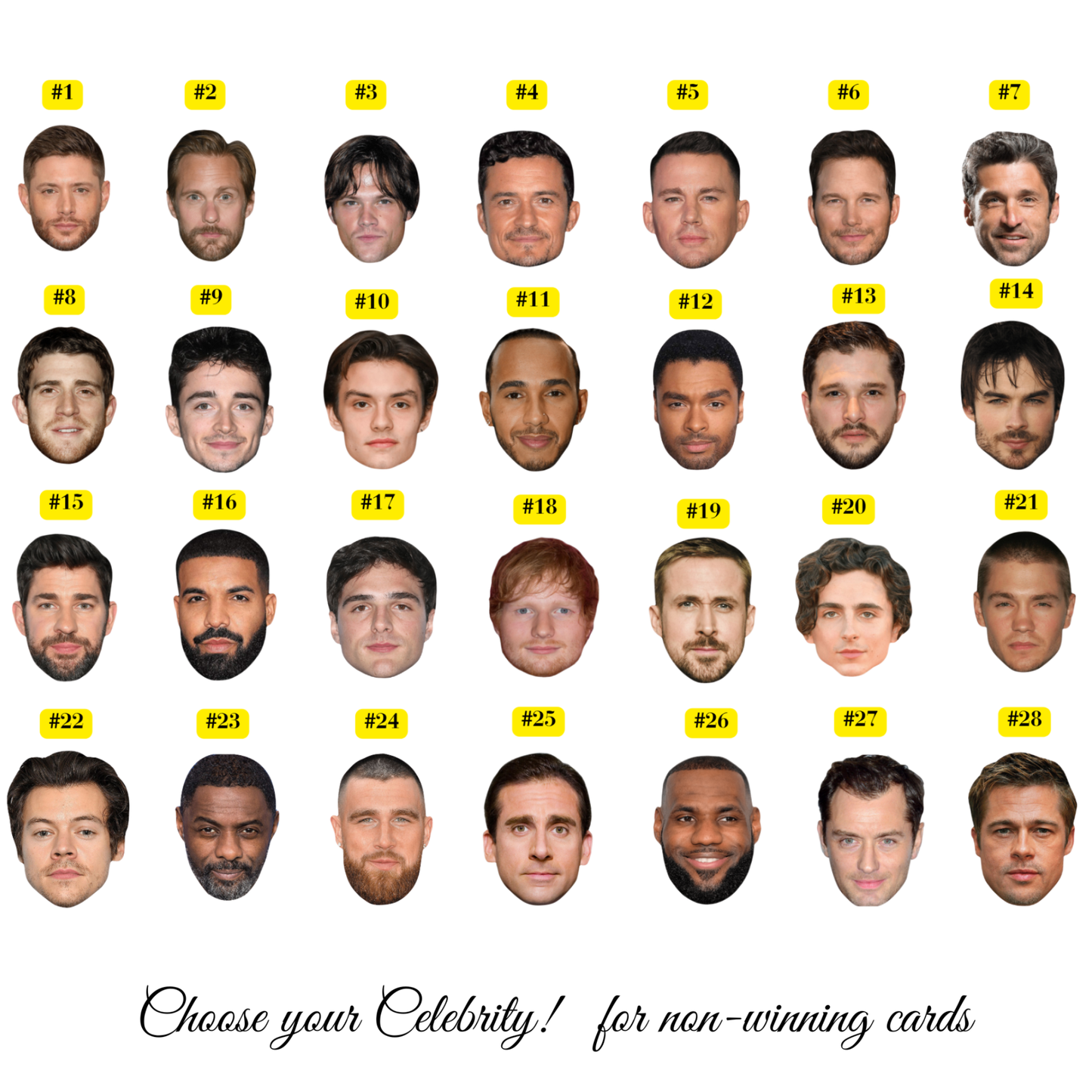 A grid of cutout celebrity face cards labeled #1 through #36 on a white background, with yellow numbers above each face and text at the bottom reading 'Choose your Celebrity! for non-winning cards'.