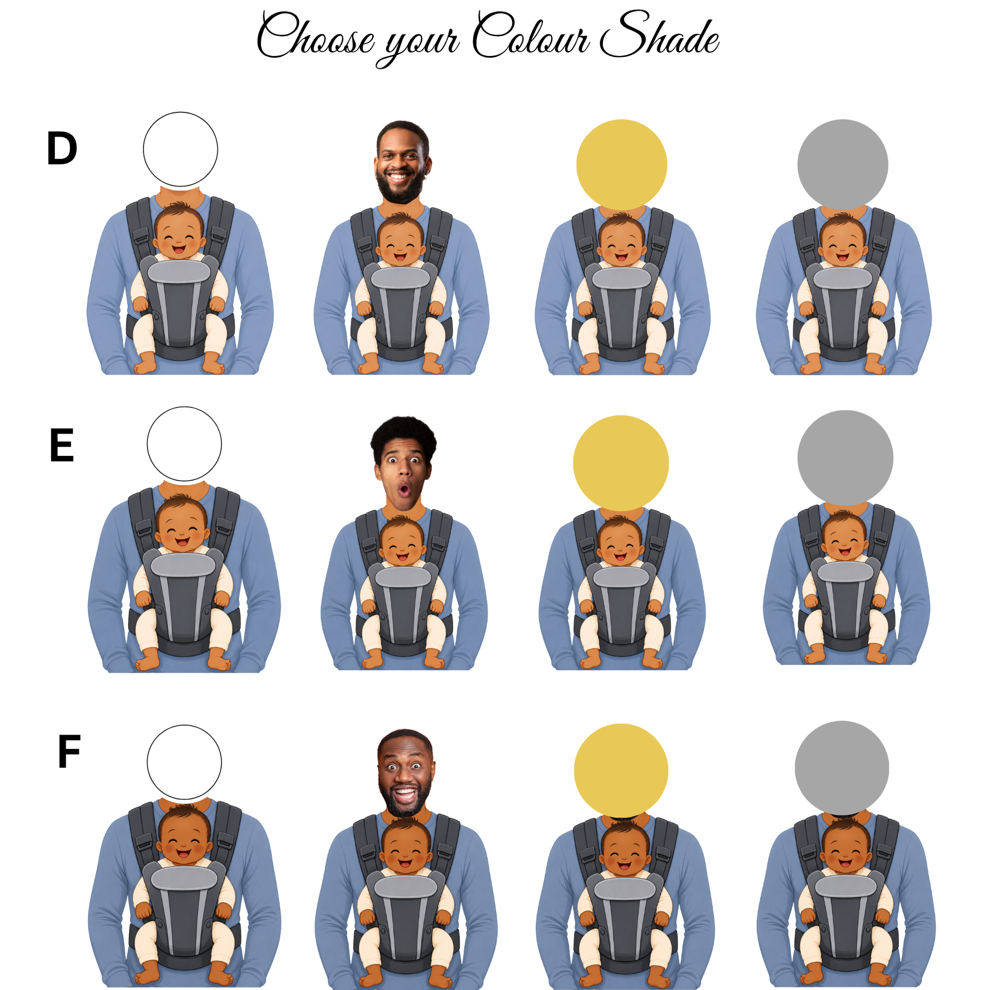 A color selection chart titled 'Choose your Colour Shade' showing rows labeled D, E, and F with illustrated figures wearing baby carriers. The chart explains how to choose the carrier shade by showing different color options: white, yellow, and gray, with the carrier body itself appearing dark gray/black.