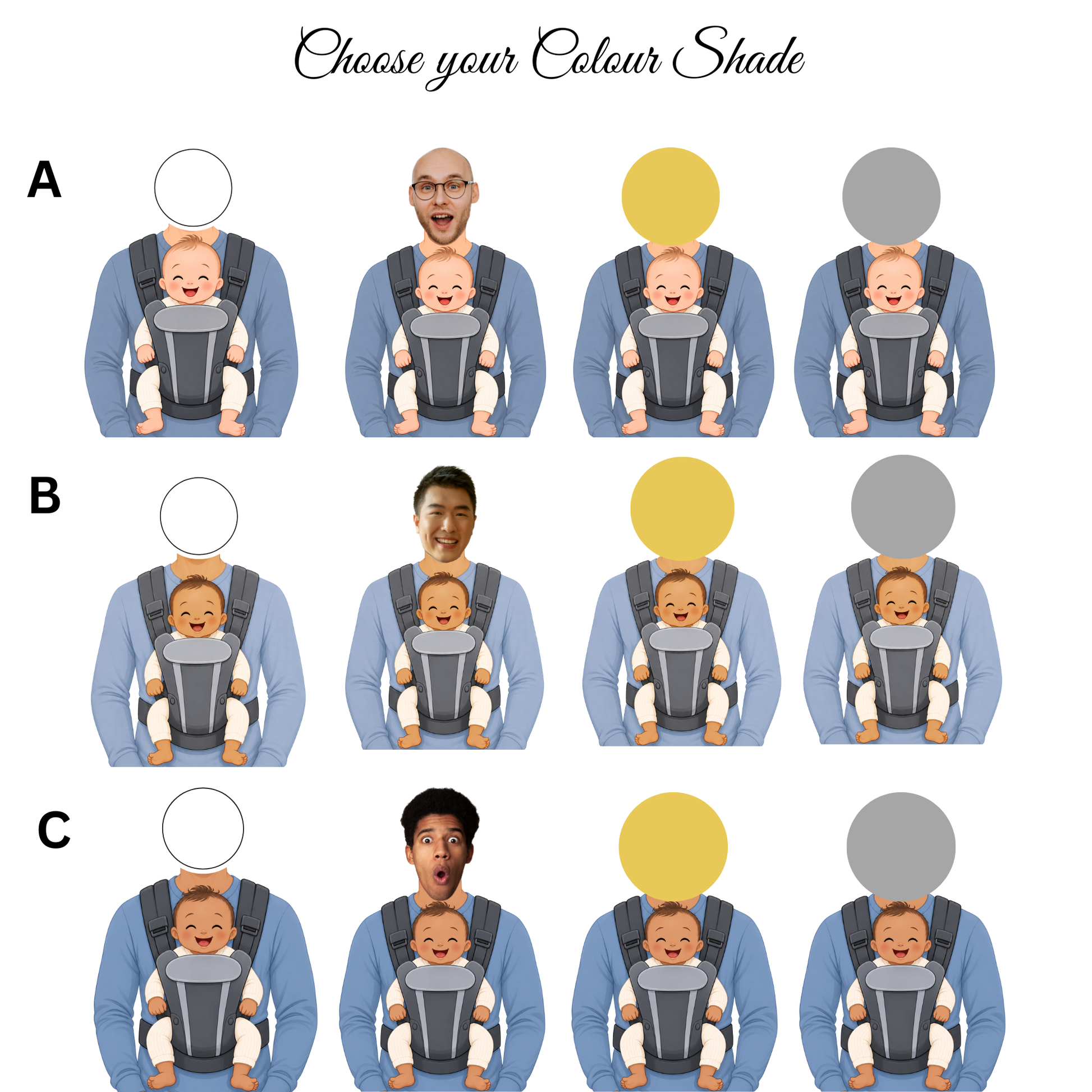 An explanatory color-shade chart with rows labeled A, B, and C and the heading 'Choose your Colour Shade.' The chart shows illustrated figures wearing baby carriers, with colored oval patches covering the heads/torso areas to demonstrate available color options.