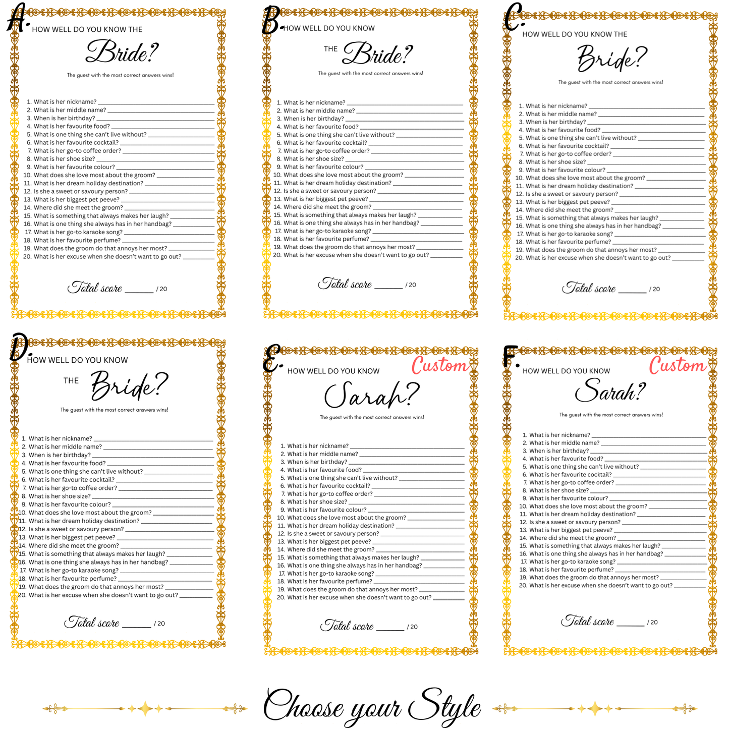 Choose your style for the Who Knows the Bride Best How Well Do You Know the Bride Game Personalised Bridal Shower Hens Party Game Bride to Be Quiz Wedding Shower Activity