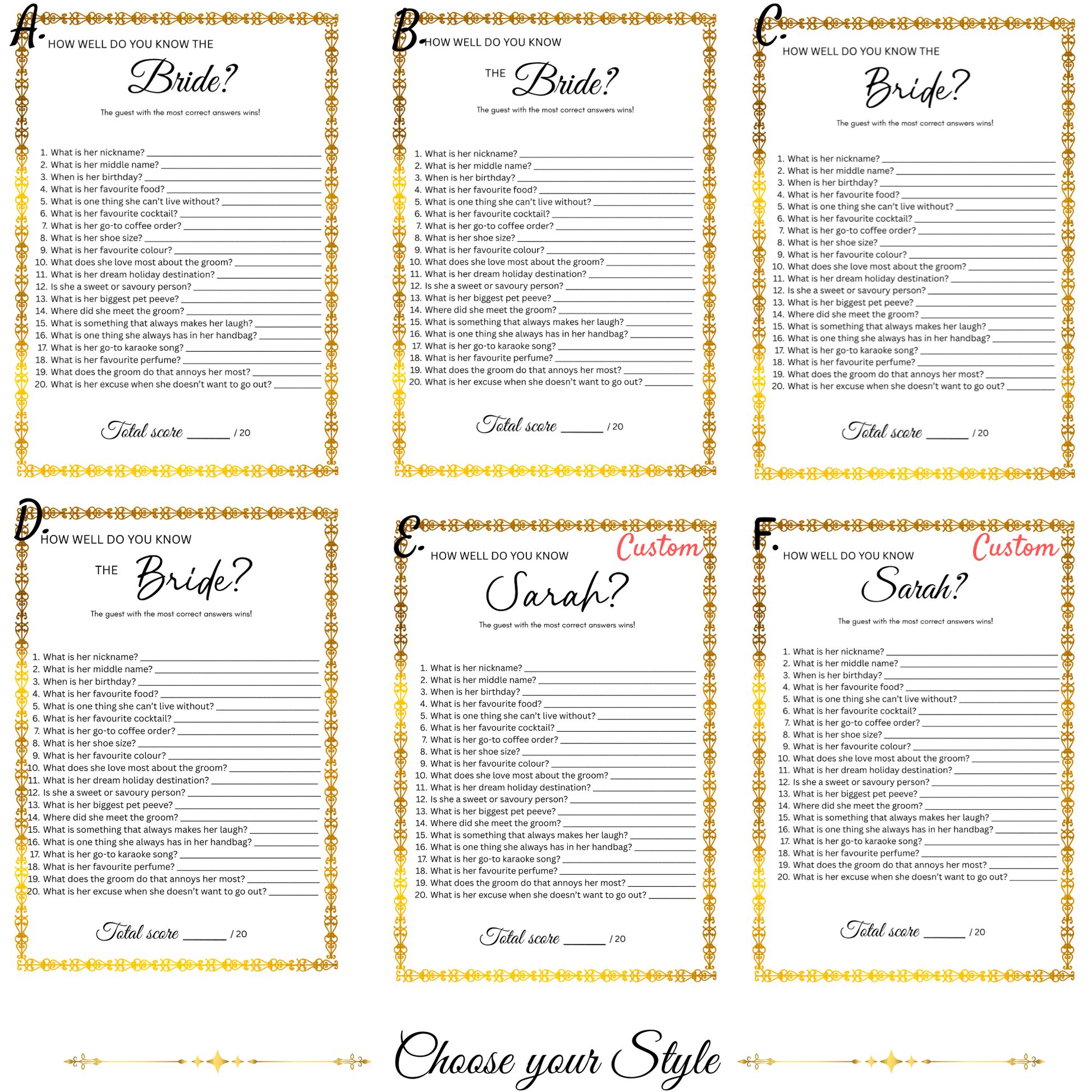 Choose your style for the Who Knows the Bride Best How Well Do You Know the Bride Game Personalised Bridal Shower Hens Party Game Bride to Be Quiz Wedding Shower Activity