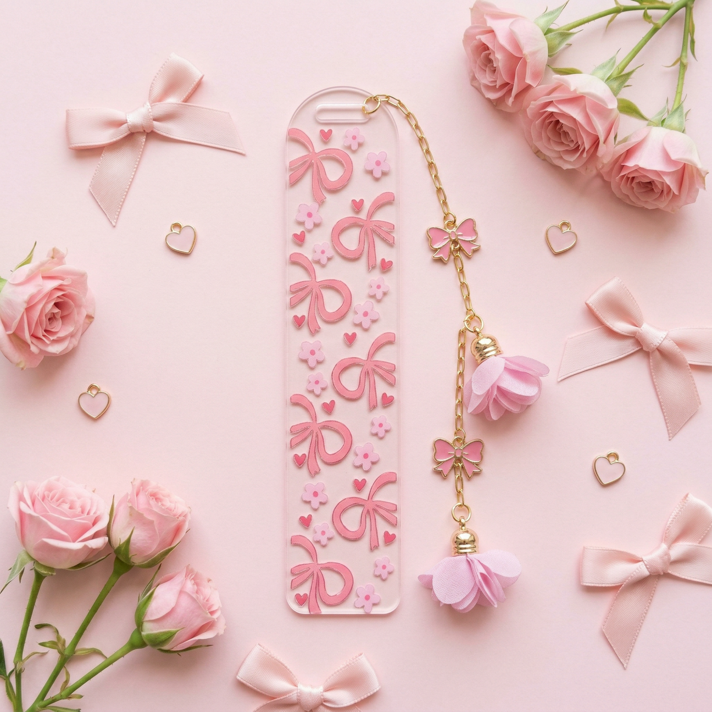 pink bow bookmark floral design