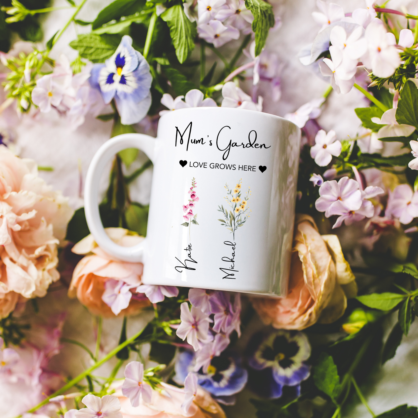 Mum's Garden Mug. Personalised Mum's Garden Mug. Mum Mug with the kids names. Flower Mug for Mum. Garden Mug Mum. Custom Flower mug for Mum