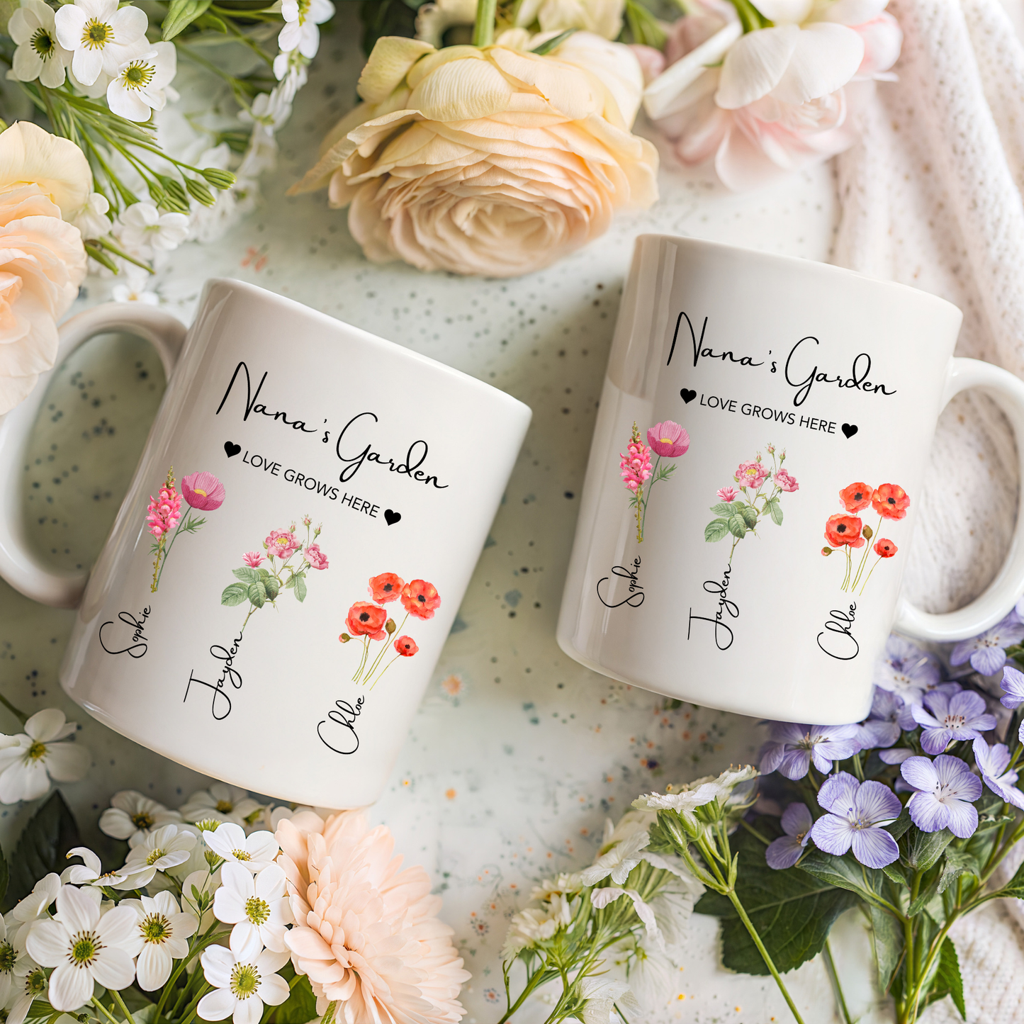 Nana's Garden Mug. Personalised Nana Mug. Nana Mug with grandkids names. Nana Flower mug. Custom flower mug Nana Gift. Gifts for Nana