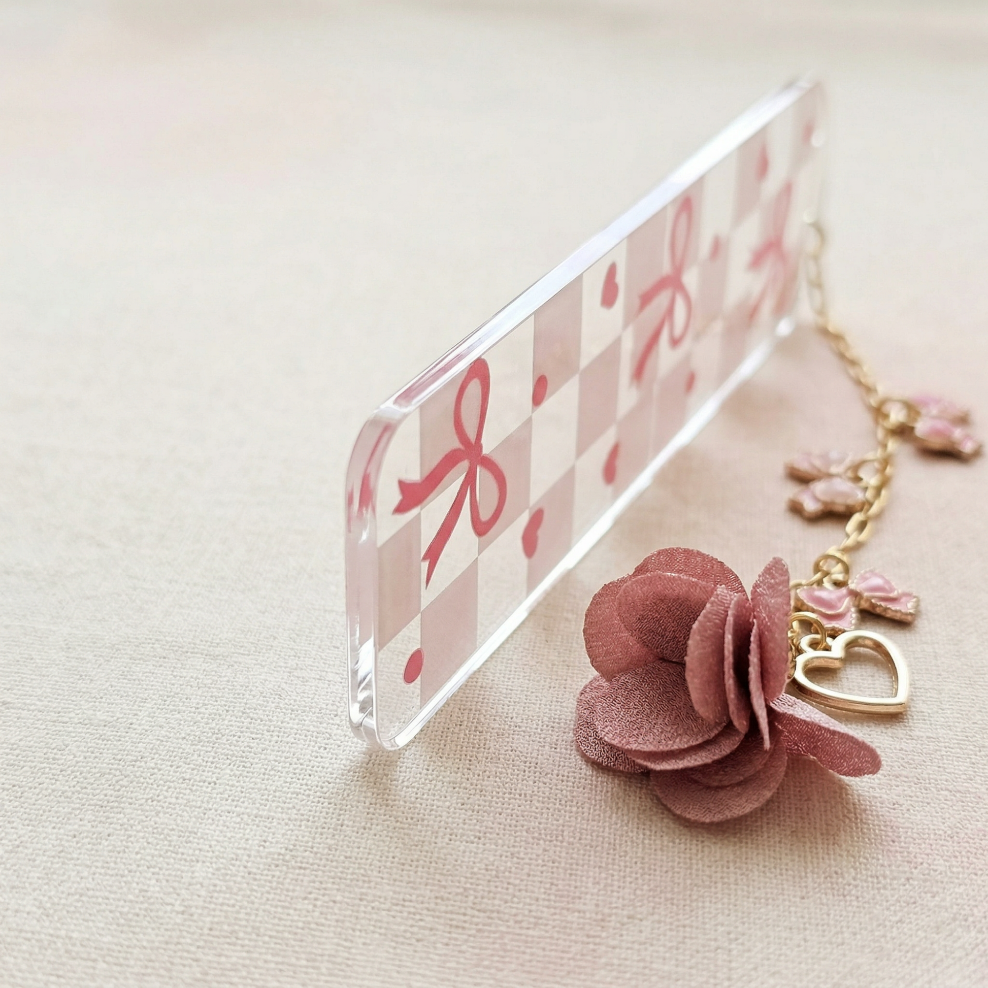 pink checkered bow bookmark