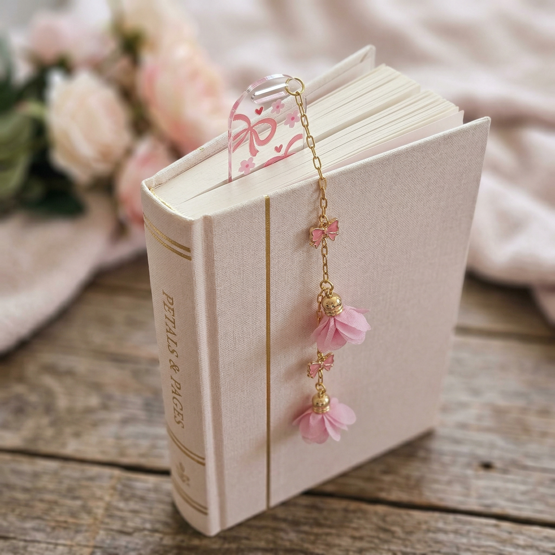pink bow bookmark floral design