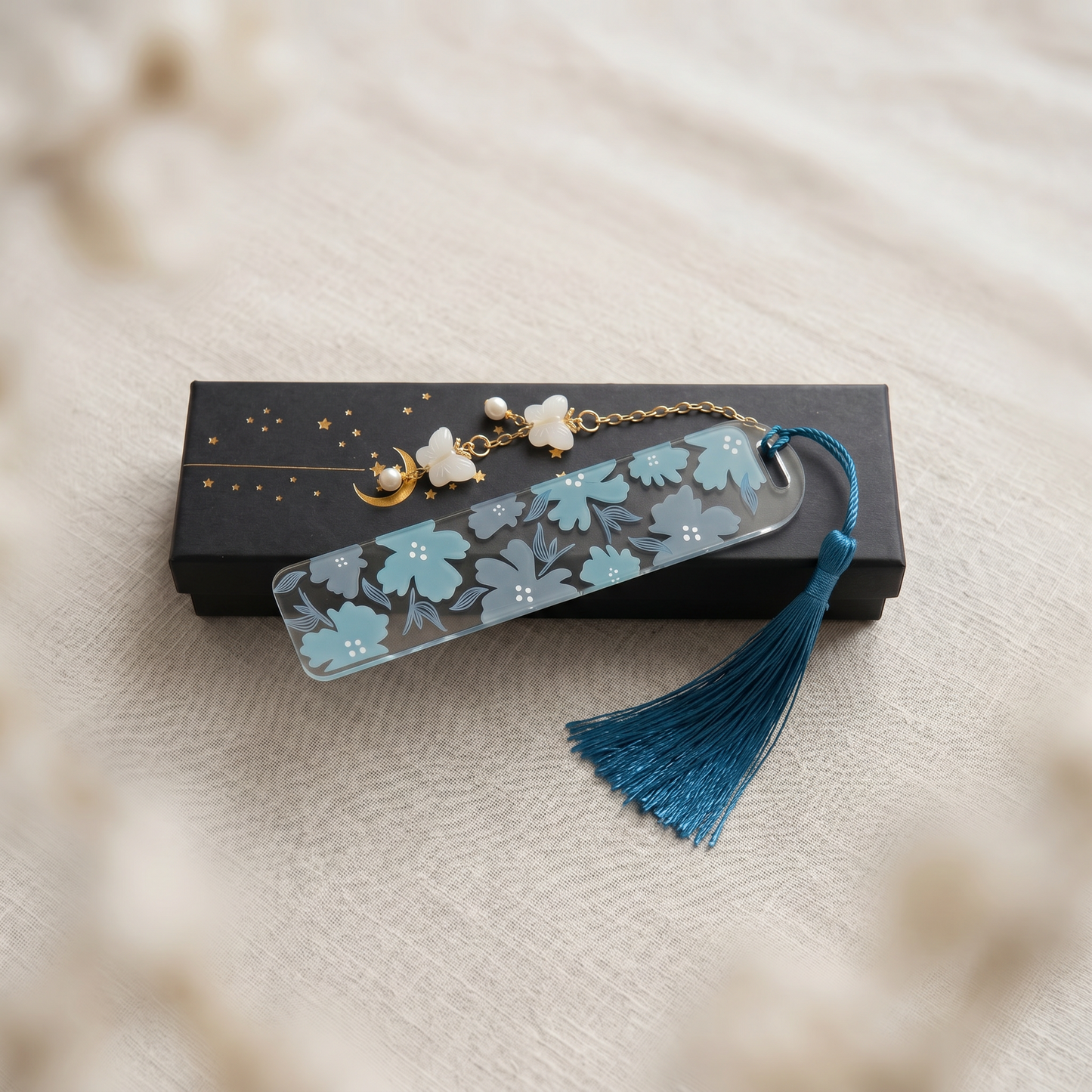 Blue Floral Acrylic Bookmark with Tassel