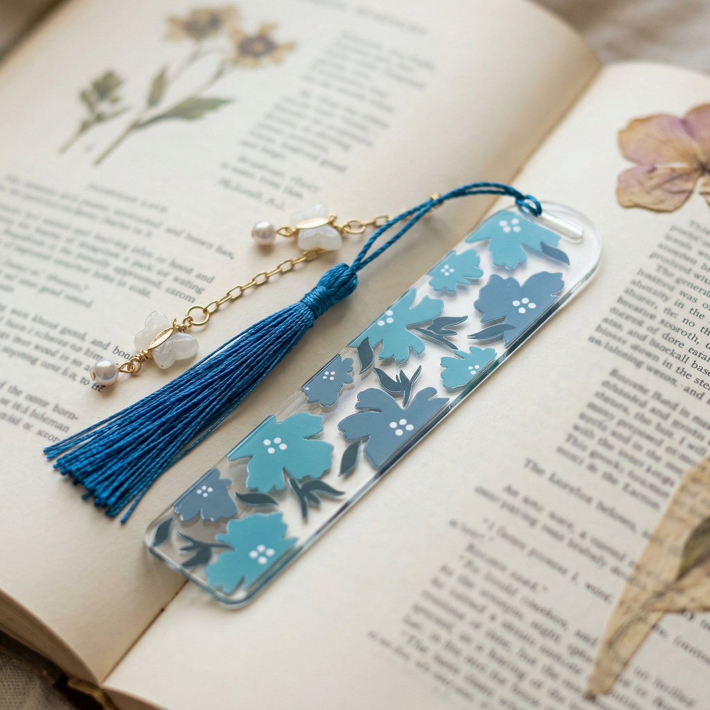Blue Floral Acrylic Bookmark with Tassel