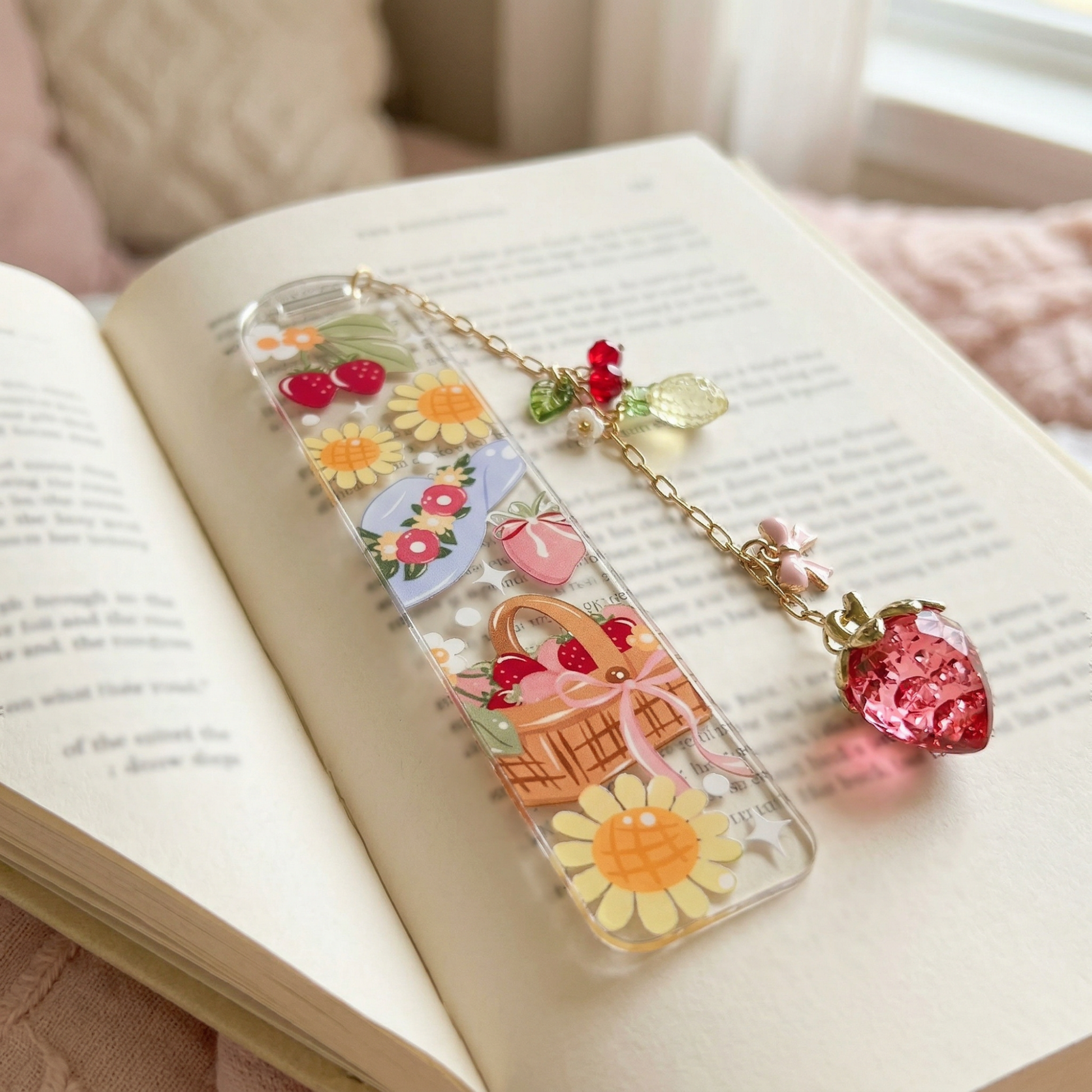 strawberry daisy picnic theme bookmark