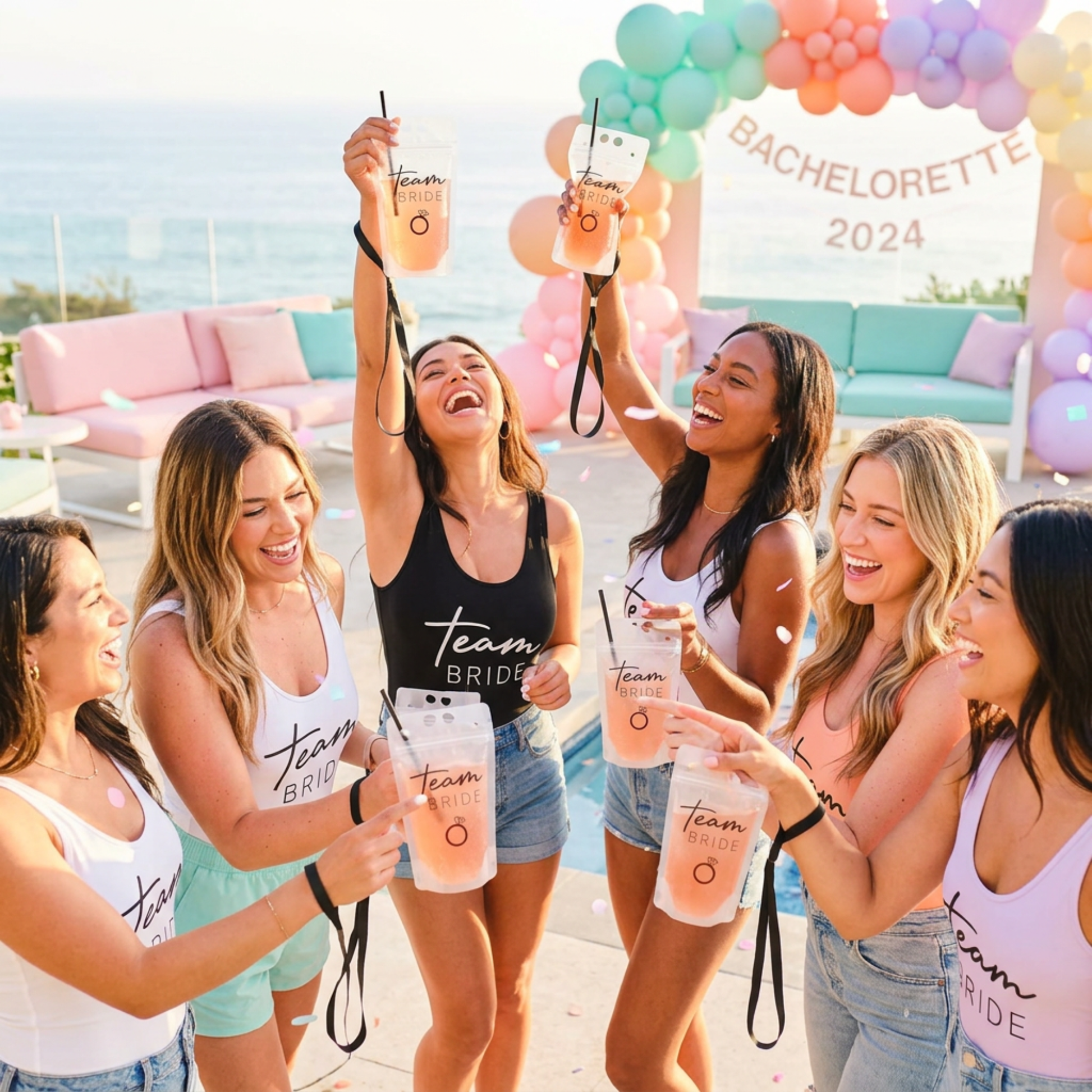 Team Bride drinks pouch with straw and lanyard Bridal shower drinks pouch hens party drinks pouch bachelorette party drinks pouch