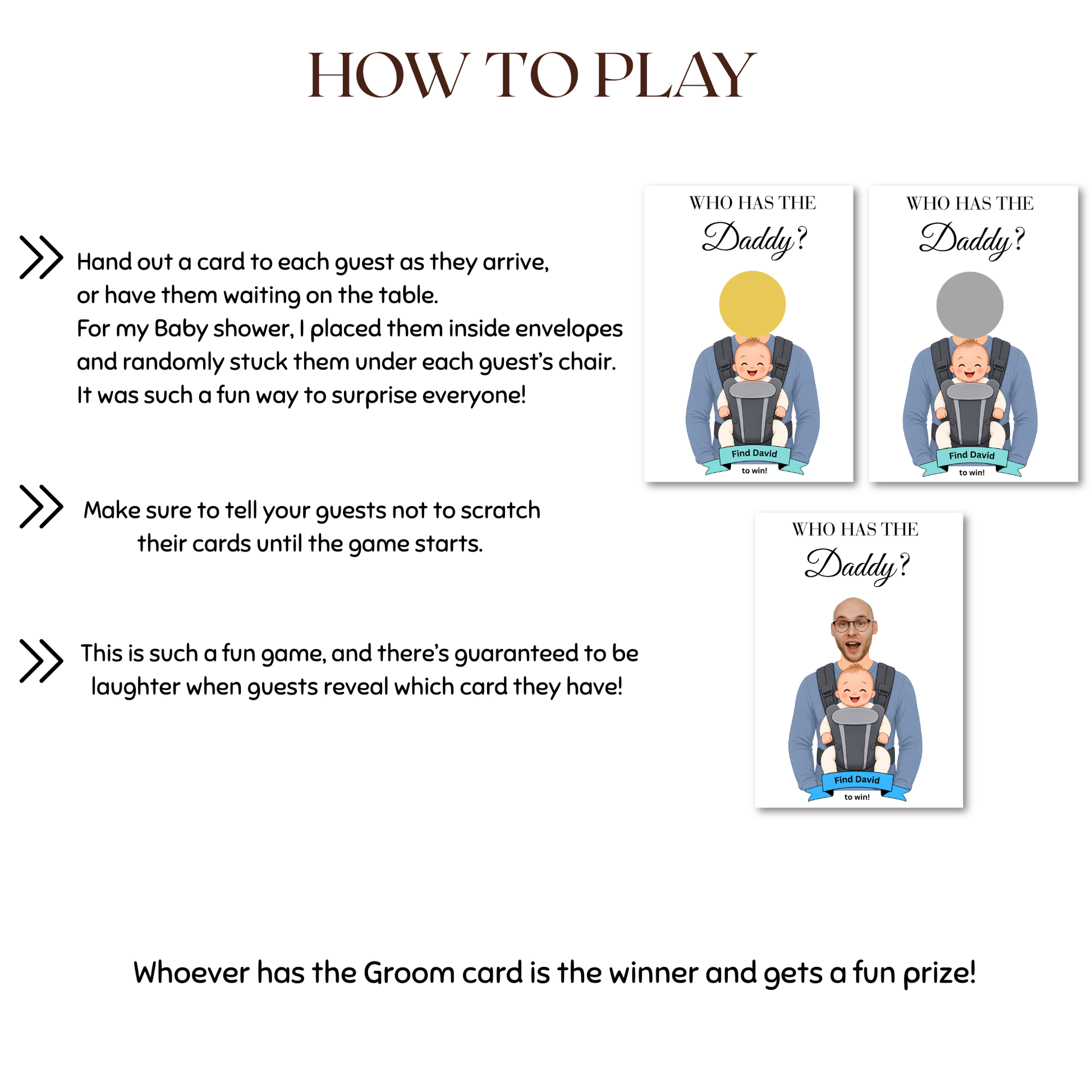 Instructional graphic titled 'HOW TO PLAY' explaining how a baby shower card game works, with three example card designs showing a cartoon groomsman in a baby carrier and text prompts for guests and the winner.