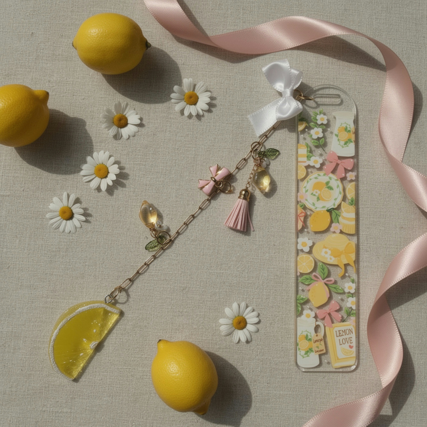 Lemon Bookmark with Charm. Lemon Lover Bookmark Gift. Lemon Tea Acrylic Bookmark with Charm. Lemon Acrylic Bookmark with Charms