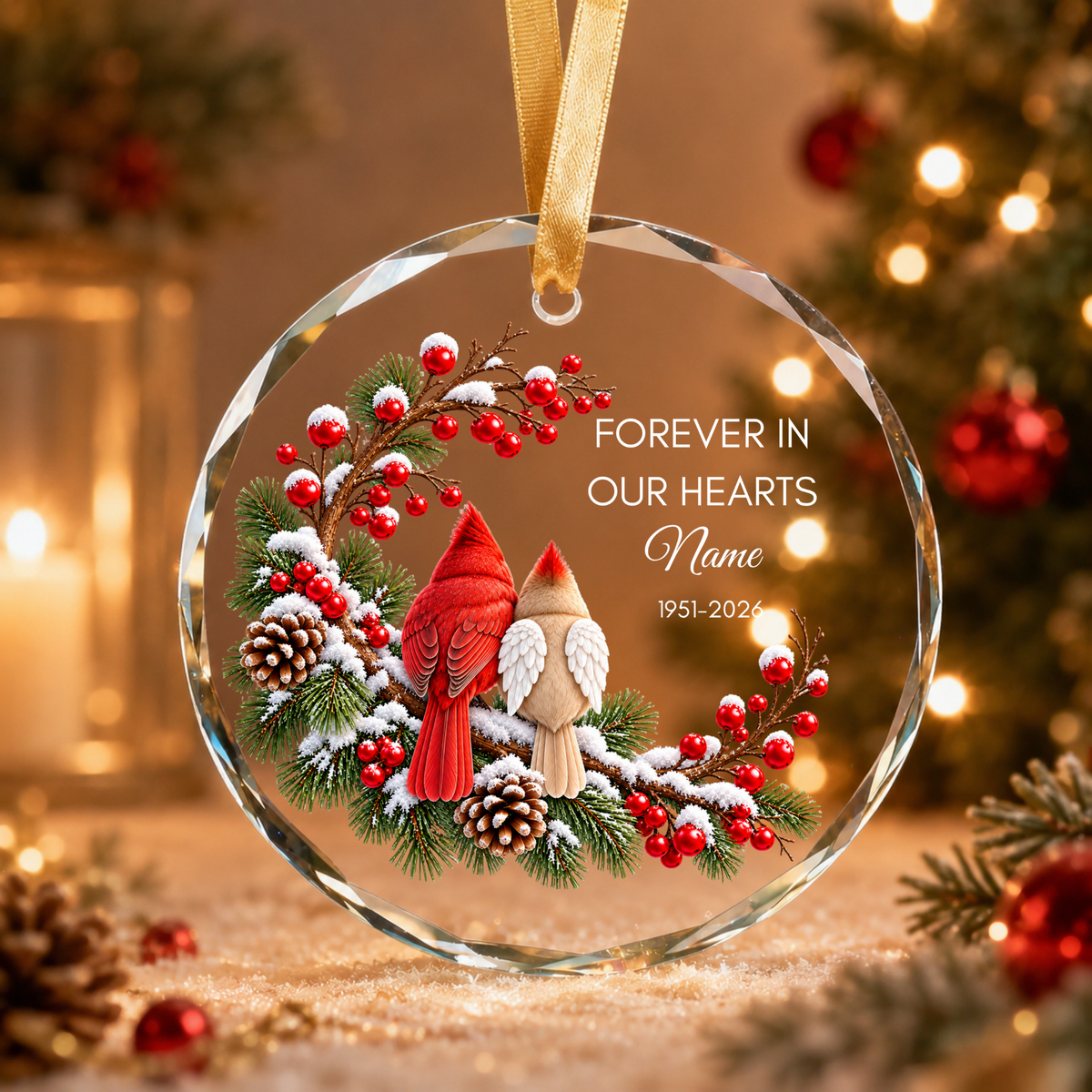 Personalised memorial Christmas ornament Design D gold ribbon on snow