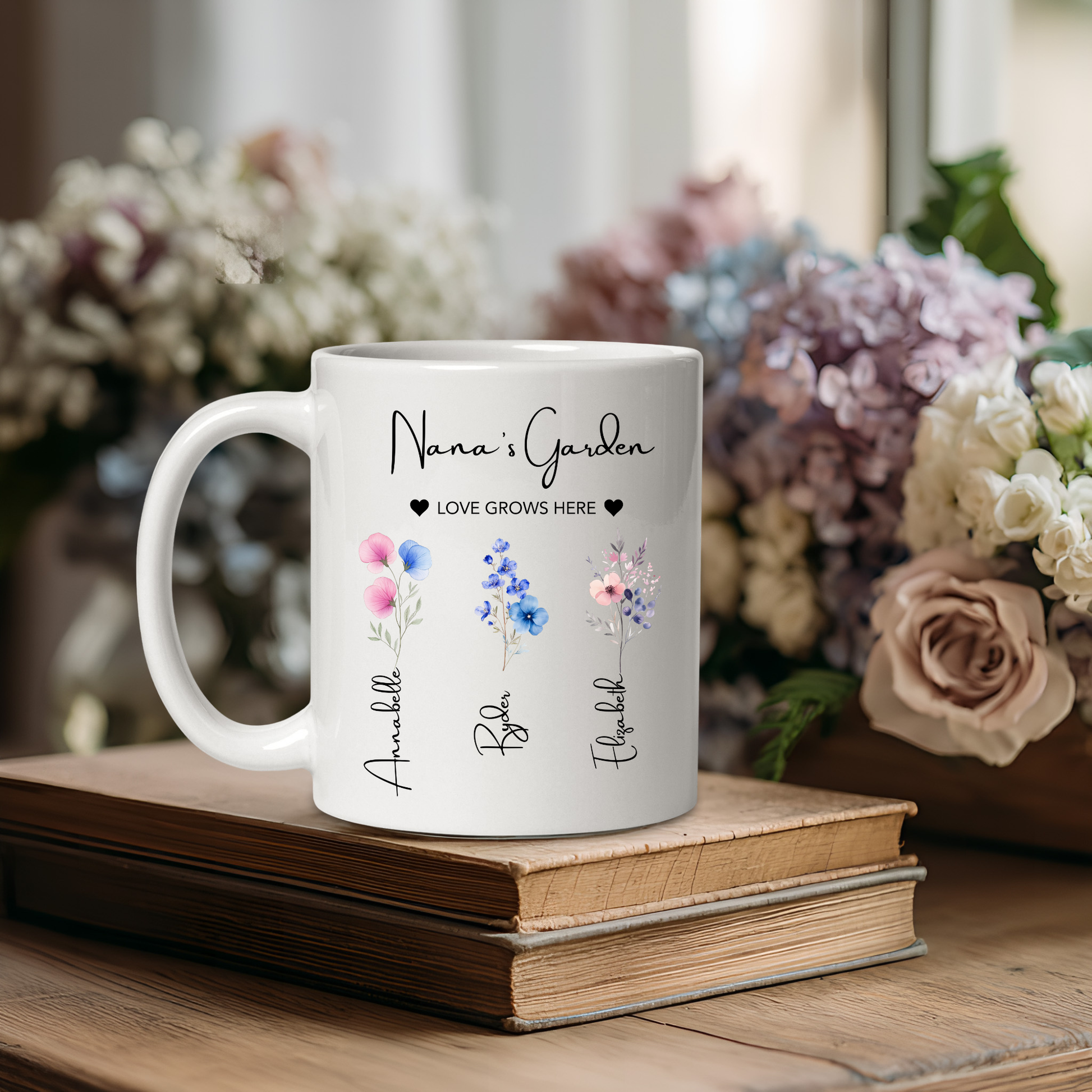 Nana's Garden Mug. Personalised Nana Mug. Nana Mug with grandkids names. Nana Flower mug. Custom flower mug Nana Gift. Gifts for Nana