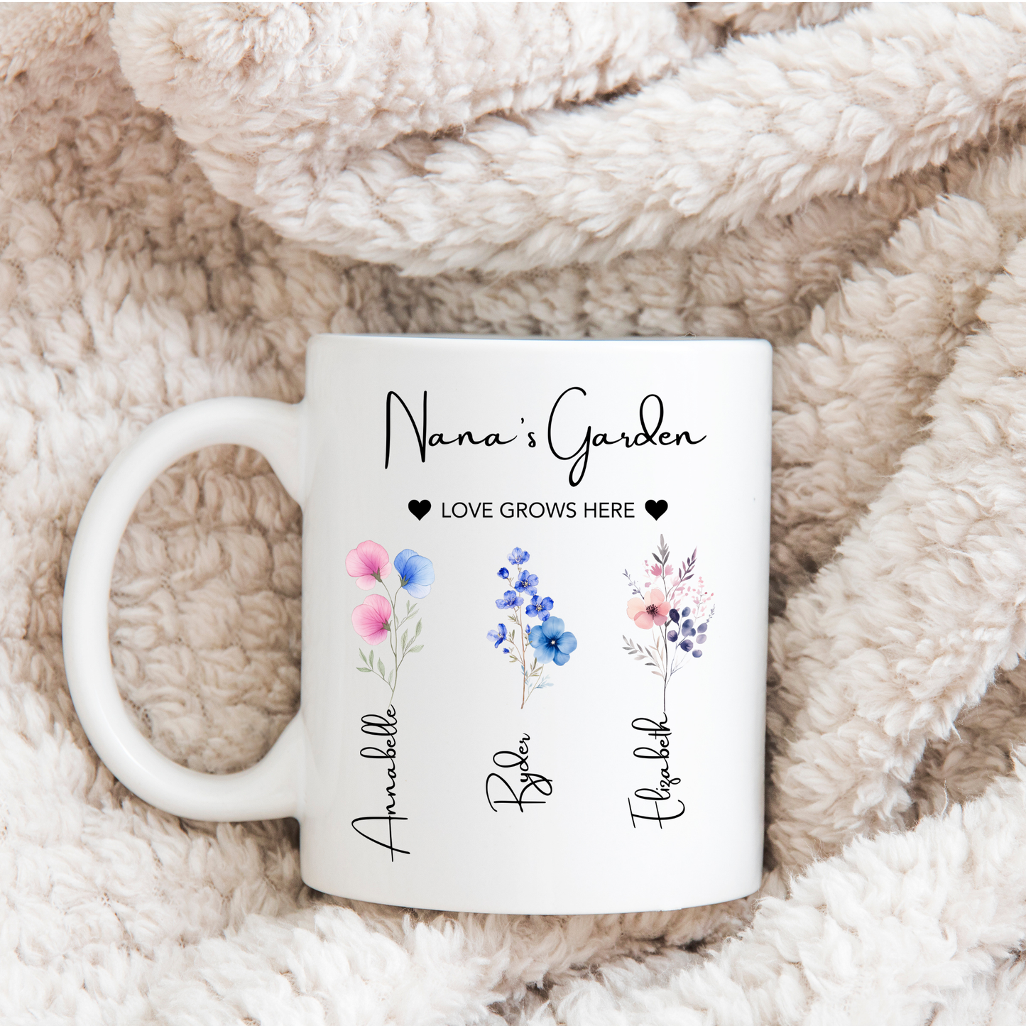 Nana's Garden Mug. Personalised Nana Mug. Nana Mug with grandkids names. Nana Flower mug. Custom flower mug Nana Gift. Gifts for Nana