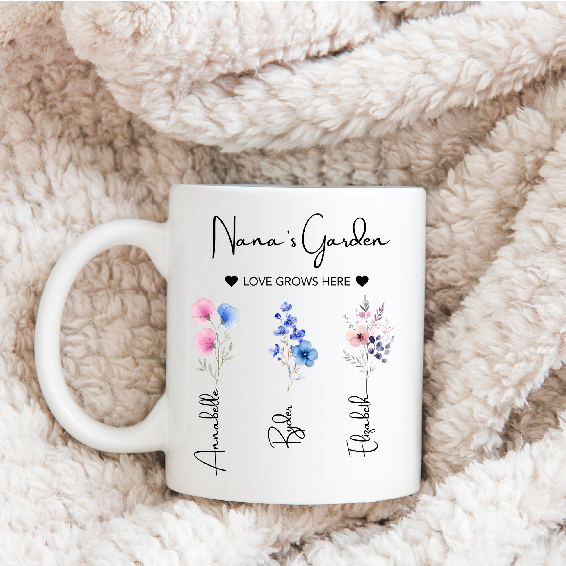 Nana's Garden Mug. Personalised Nana Mug. Nana Mug with grandkids names. Nana Flower mug. Custom flower mug Nana Gift. Gifts for Nana