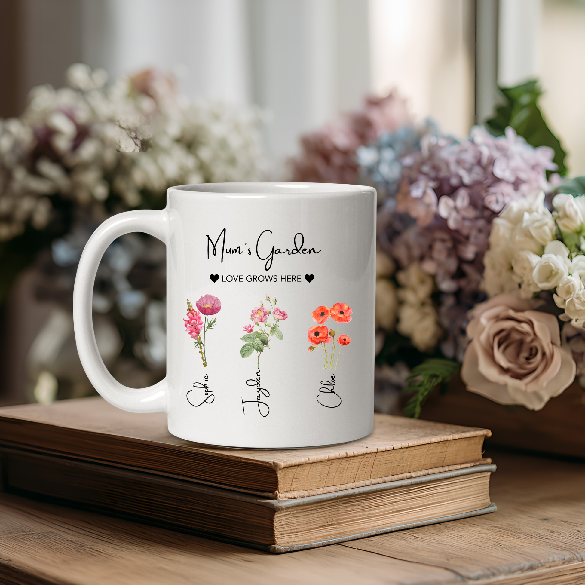 Mum's Garden Mug. Personalised Mum's Garden Mug. Mum Mug with the kids names. Flower Mug for Mum. Garden Mug Mum. Custom Flower mug for Mum