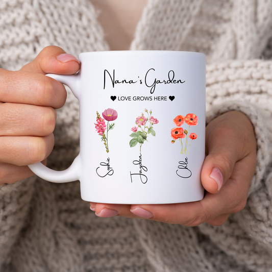 Nana's Garden Mug. Personalised Nana Mug. Nana Mug with grandkids names. Nana Flower mug. Custom flower mug Nana Gift. Gifts for Nana