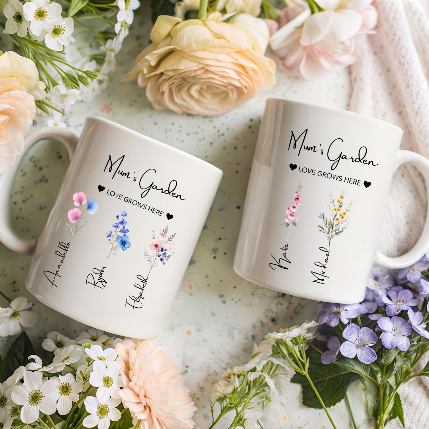Mum's Garden Mug. Personalised Mum's Garden Mug. Mum Mug with the kids names. Flower Mug for Mum. Garden Mug Mum. Custom Flower mug for Mum
