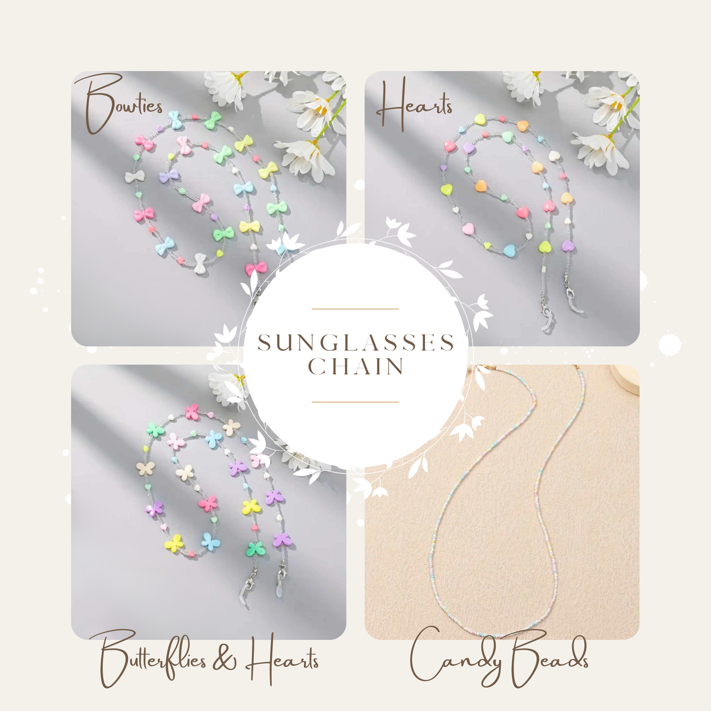 sunglass chain options for Personalised Kids Sunglass. Custom Sunglasses for Kids. The perfect Party Favours for daughters birthday party. Custom Party Favour Gifts