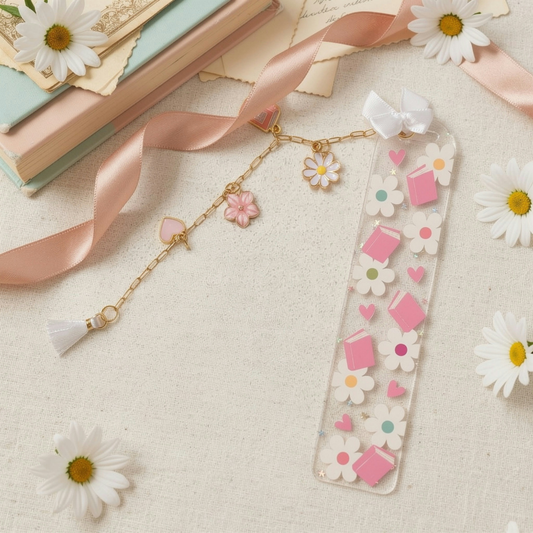 Pink Books Bookmark. Floral Book Lover Bookmark. Pink Daisy Bookmark