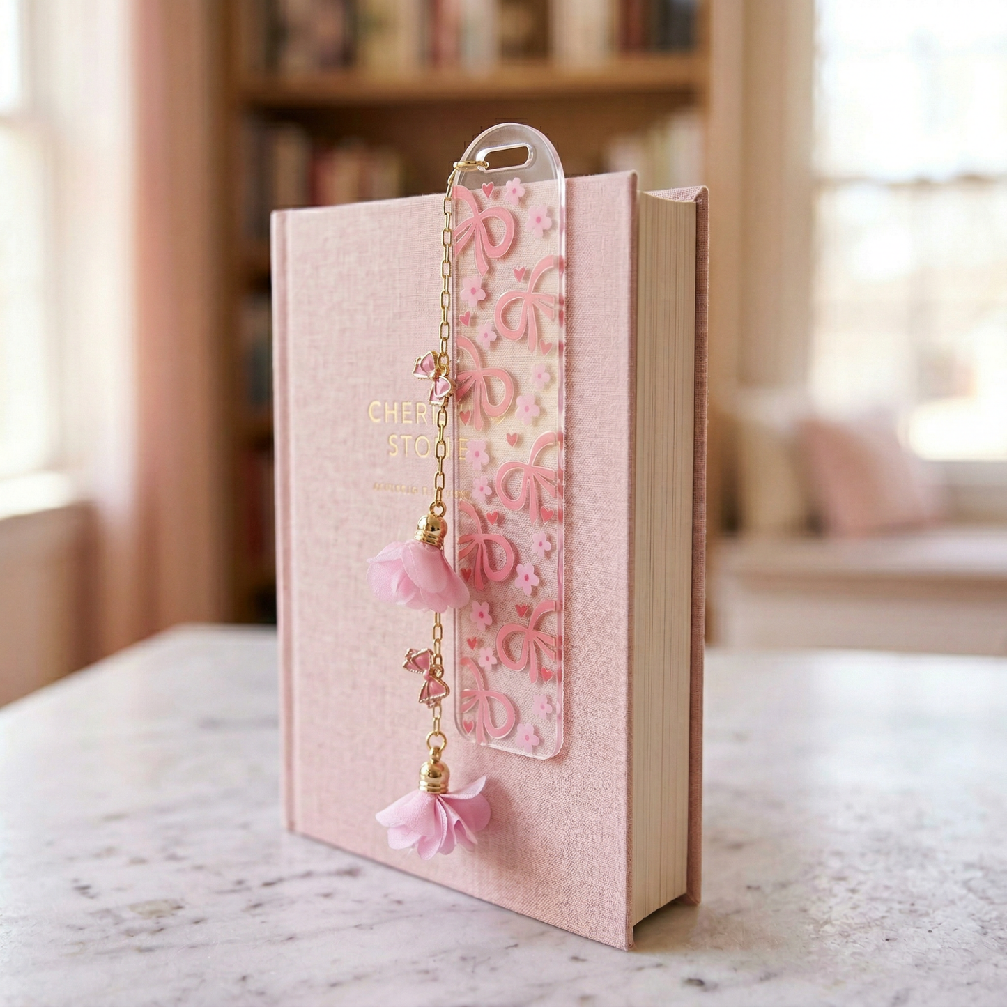 Pink Bow Floral Acrylic Bookmark with Tassel