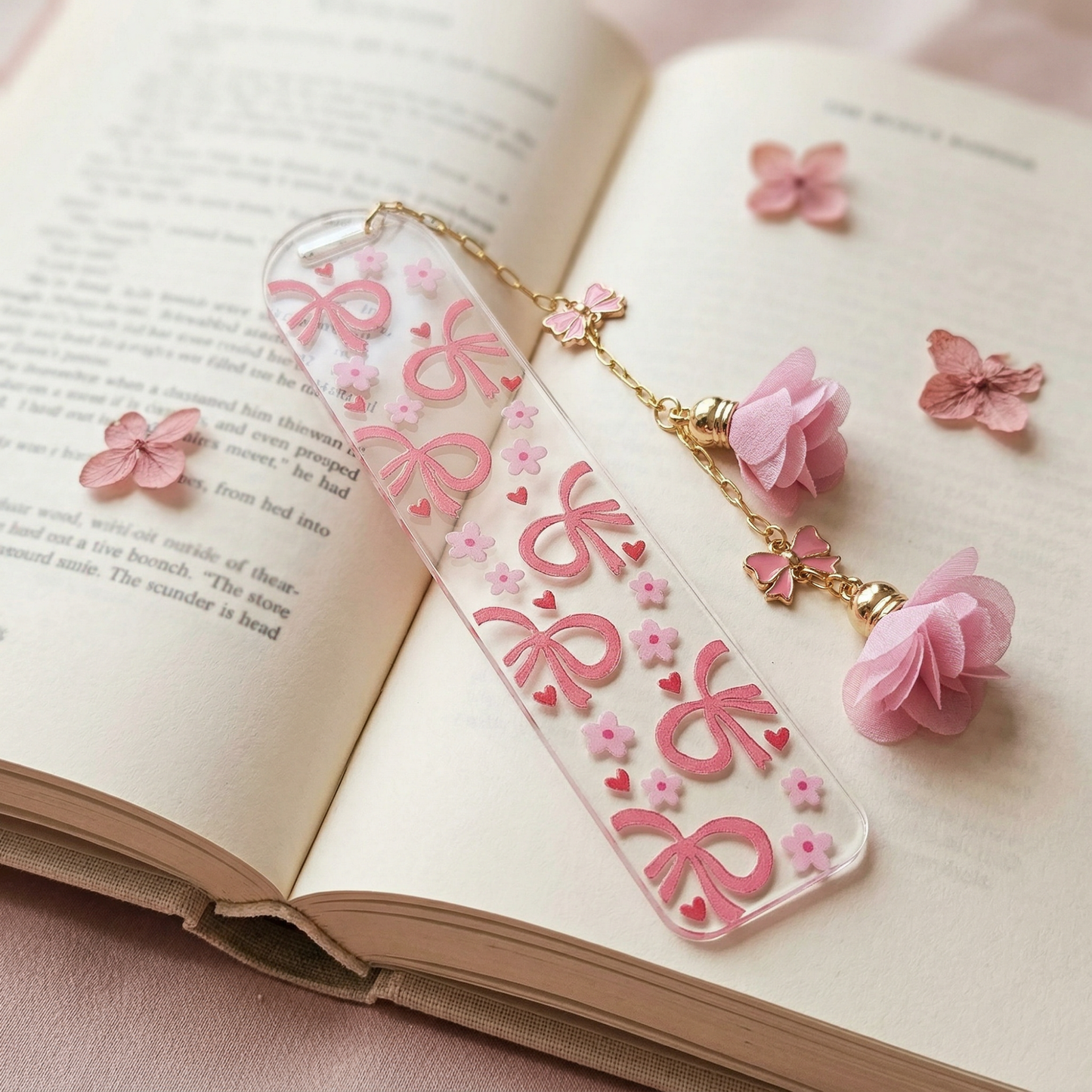 Pink Bow Floral Acrylic Bookmark with Tassel
