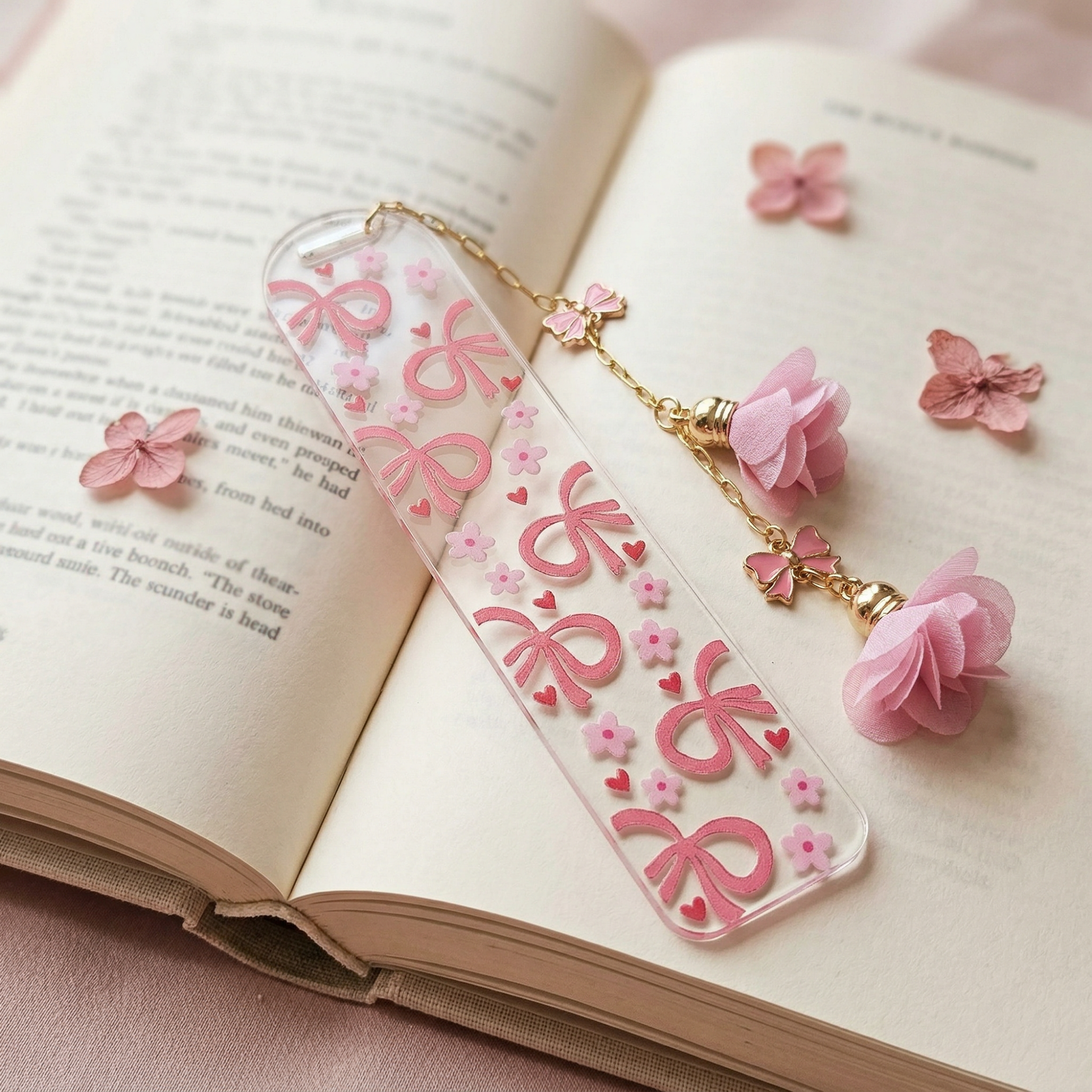 Pink Bow Floral Acrylic Bookmark with Tassel