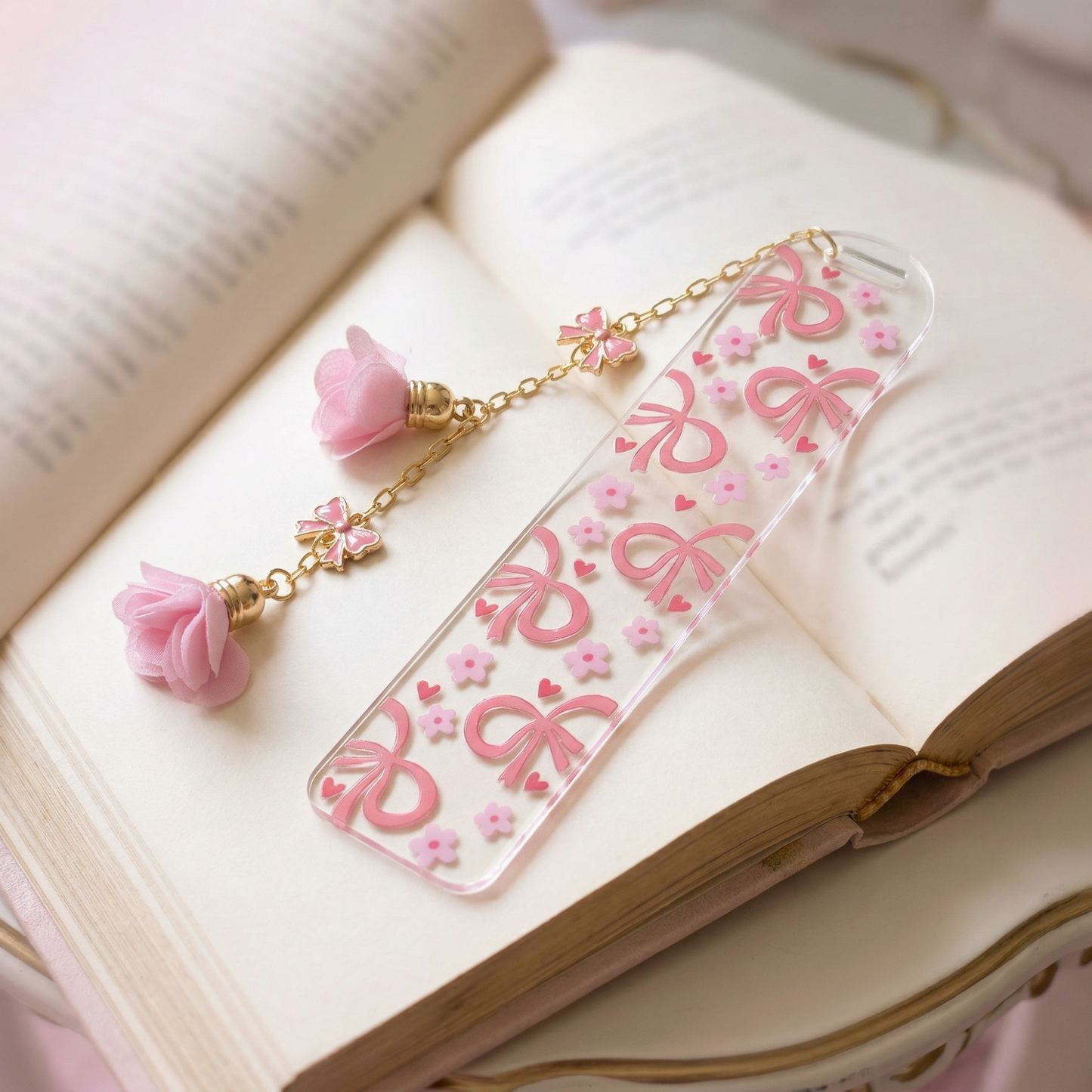 Pink Bow Floral Acrylic Bookmark with Tassel